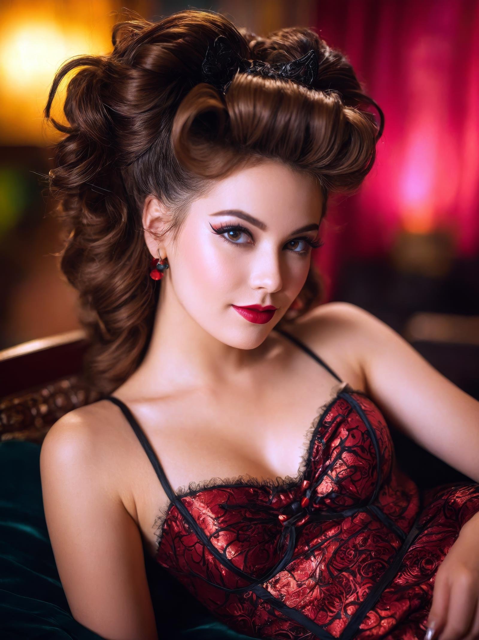 Closeup Portrait, mischievous 25-year-old, reclining on the palm of a devoted sadomasochist, donned in a playfully masochist dress that leaves room for the imagination, the devilish grin on her face reflects the spirit of the era, complemented by an '80s-inspired infernal coiffure, shallow depth of field, vignette, highly detailed, high budget Hollywood film, bokeh, cinemascope, moody, epic, gorgeous, film grain