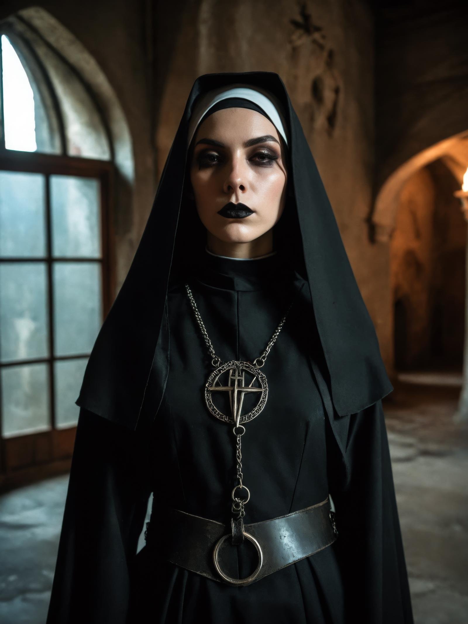 dim light, natural backlighting, in a dark smoky convent room, brutalist, cement, concrete, weird unusual angle full shot of a harness satanist nun, young woman, haunted sinister expression, slightly parting lips