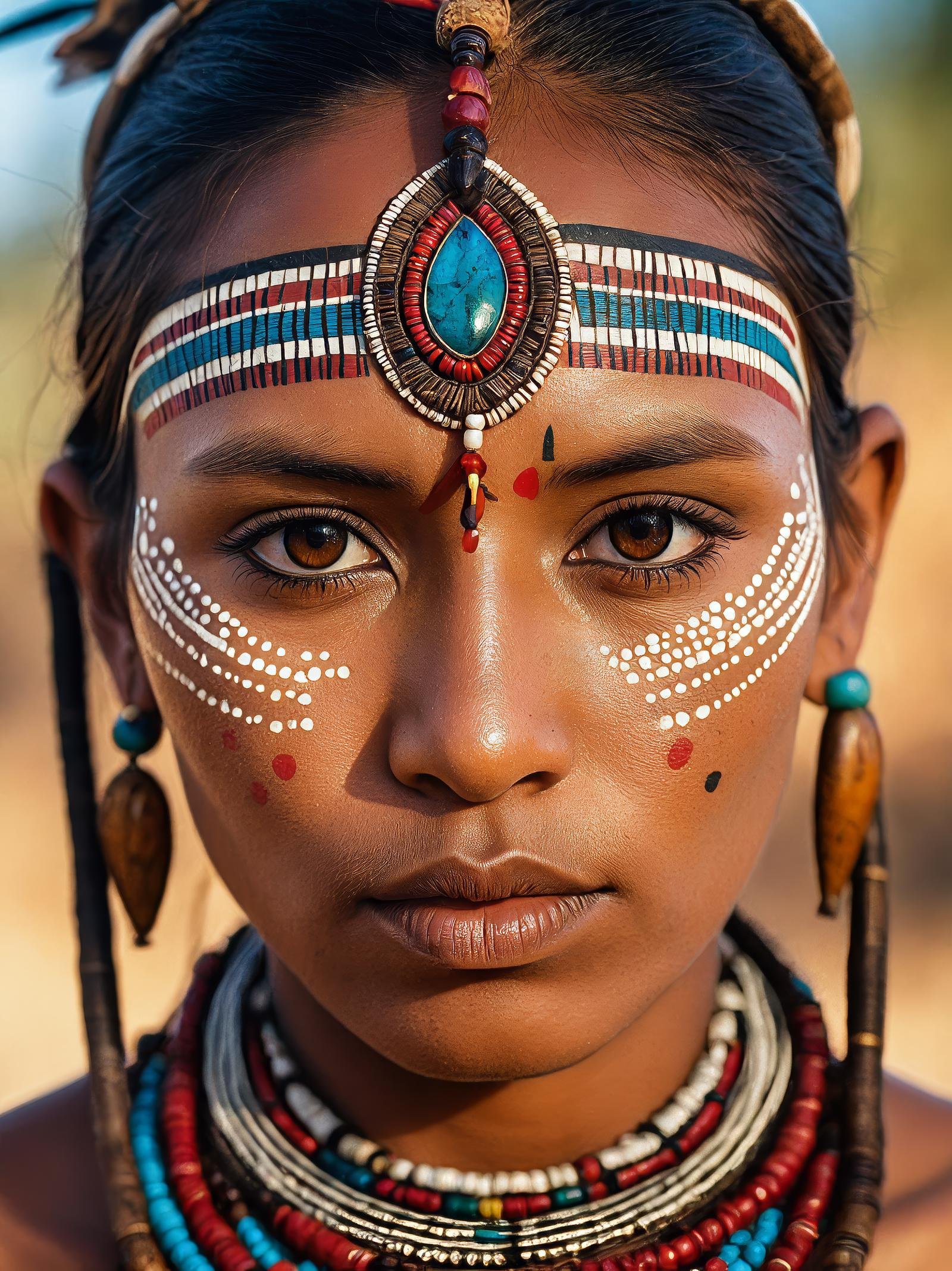 A medium 40mm glamour portrait of a tribal woman, (detailed facial features:0.2), high quality, professional photo, 28mm, (intricate detail), ((incredibly detailed skin:0.38)), Surreal Harmony, cinematic, lighting, 8K, HDR10, analog