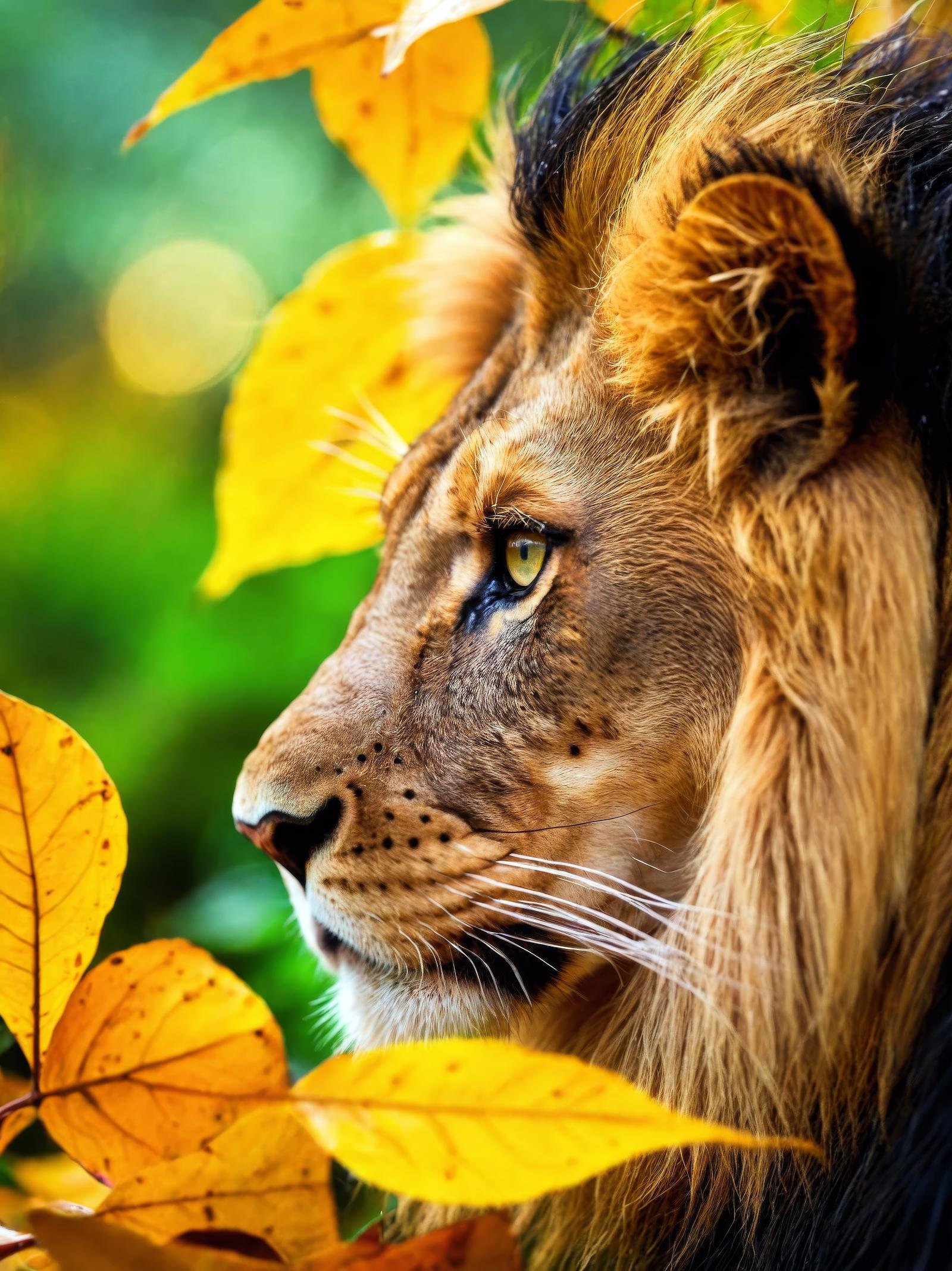 lion, hiding in the leaves, black dragon, shiny scales, ((rain)), zazie rainyday, beautiful eyes, macro shot, colorful details, natural lighting, amazing composition, subsurface scattering, velus hairs, amazing textures, filmic, soft light