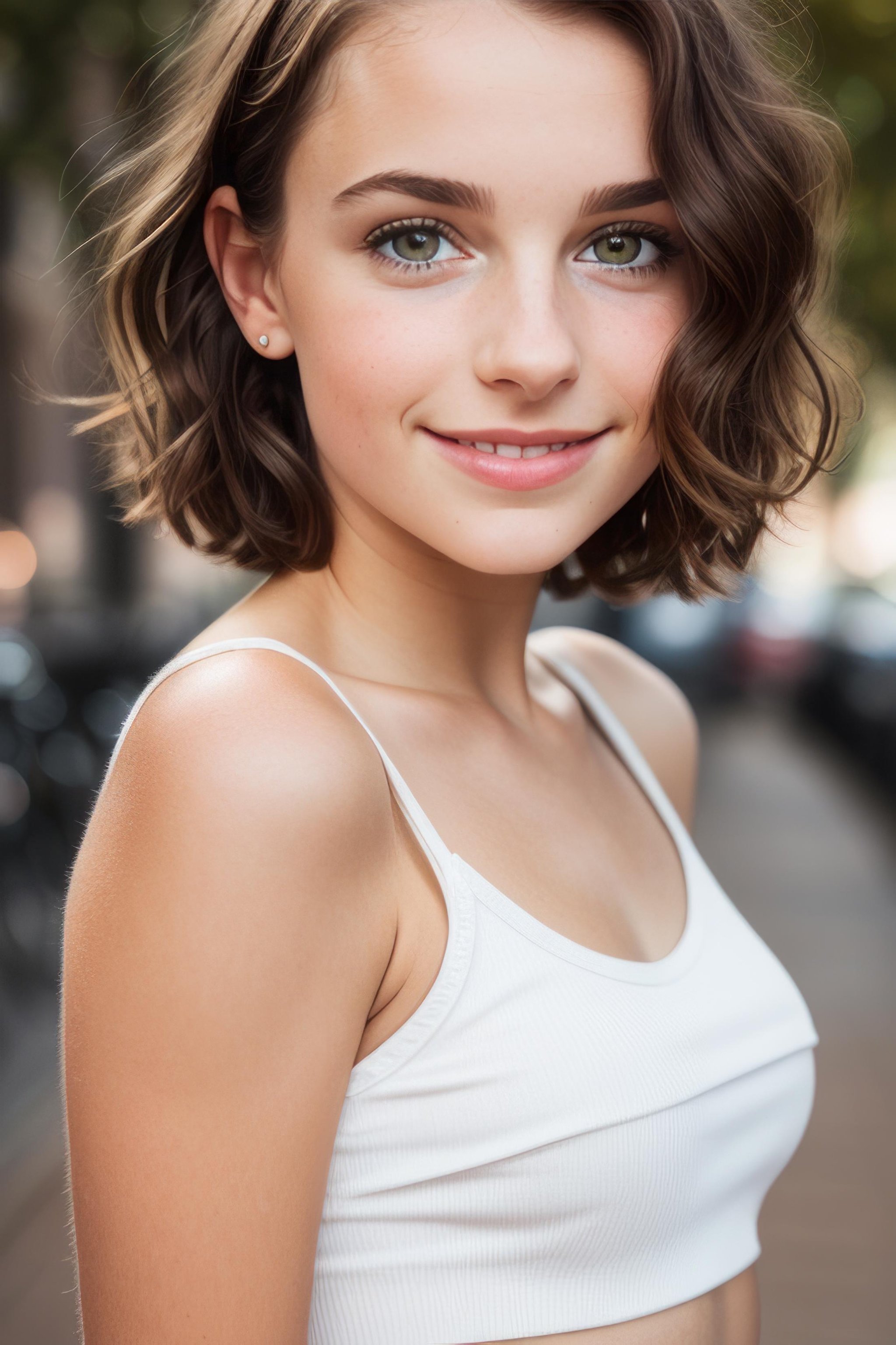 AS-Young, a face picture of a young girl wearing a (top:1.2), brunette, short hair, ((front view)), cute smile, and a ((close up:1.3)), (looking at viewer:1.4), pale skin, slim body, background is Amsterdam, (high detailed skin:1.2), 8k uhd, dslr, soft lighting, high quality, film grain, Fujifilm XT3