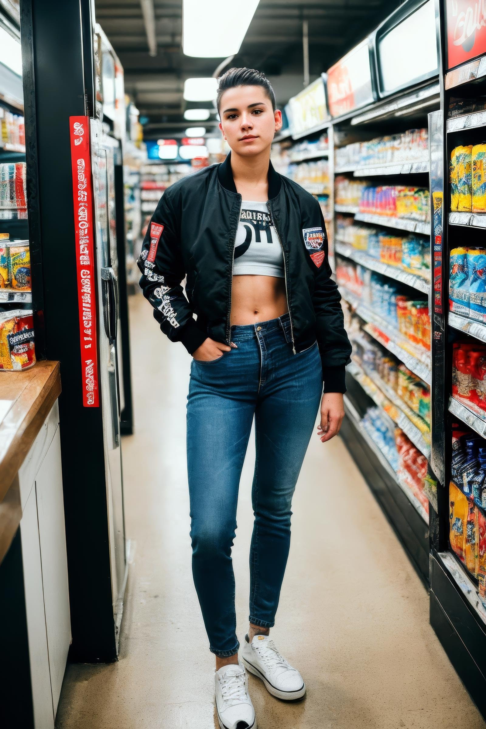 candid photography photo of a 23 year old european woman, upper body, undercut hairstyle, fit body, punk shirt, jeans, bomber jacket, inside convenience store, under bounced light, on a Fujifilm X-T4