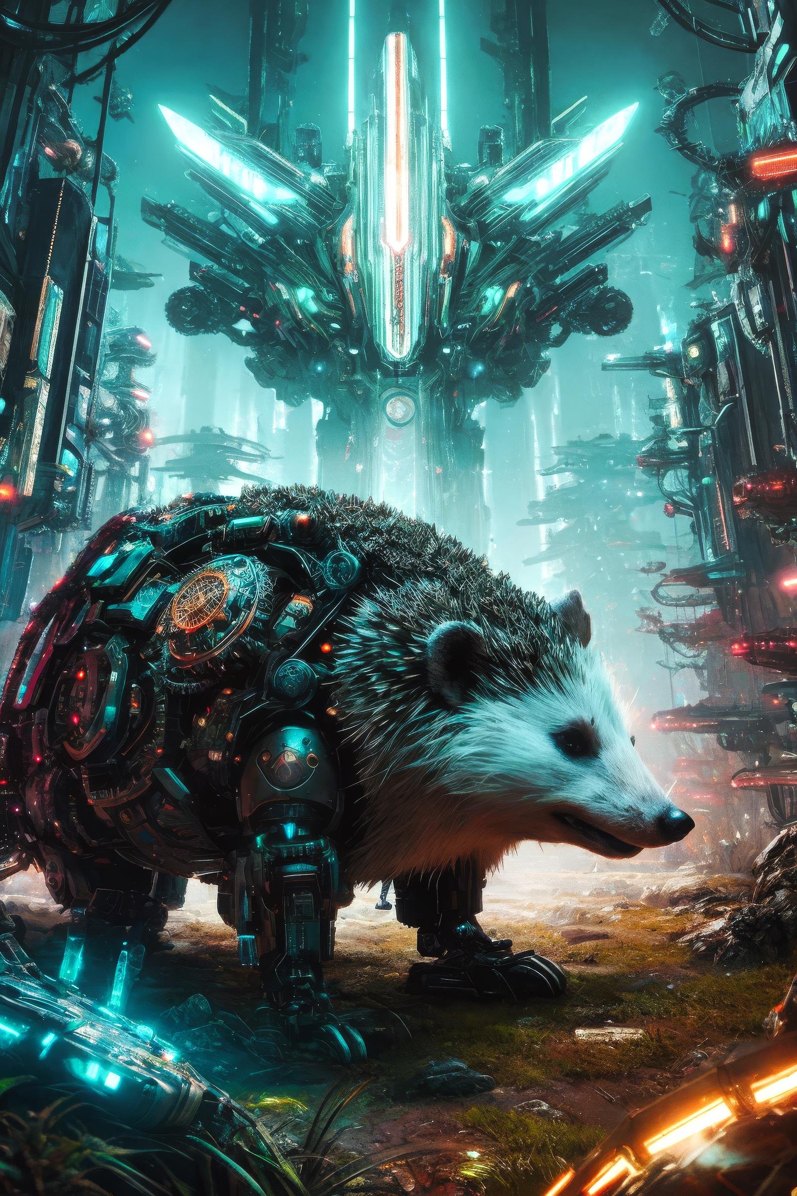 giant intricate mechanical hedgehog with cybernetic enhancements and visible gears and fiber optics, on the background of a weird magical mechanical forest. Very detailed 8k. Fantasy cyberpunk horror. Sharp. Cinematic post-processing. Unreal engine. Nanite. Ray tracing. Parallax. Tessellation