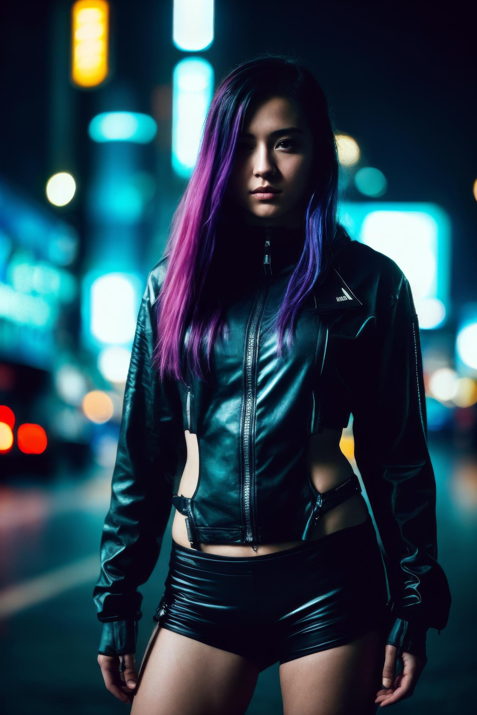 epic photograph of a young woman wearing cyberpunk clothing, cyberpunk style, ektachrome, shallow depth of field, highly detailed, bokeh, cinemascope, moody, epic, gorgeous, film grain