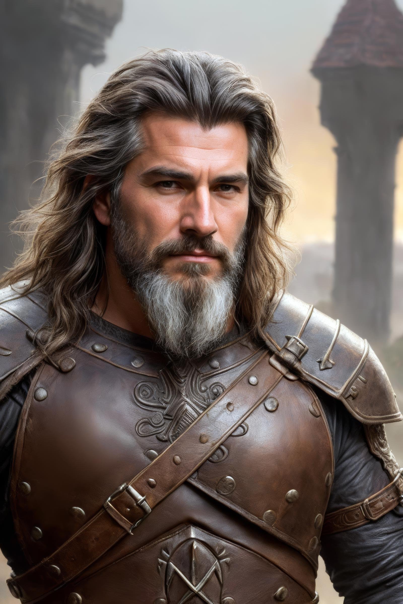 portrait of a ruggedly handsome paladin, soft hair, muscular, half body, masculine, mature, salt and pepper hair, leather, hairy, d & d, fantasy, intricate, elegant, highly detailed, digital painting, artstation, concept art, smooth, sharp focus, illustration, art by artgerm and greg rutkowski and alphonse mucha