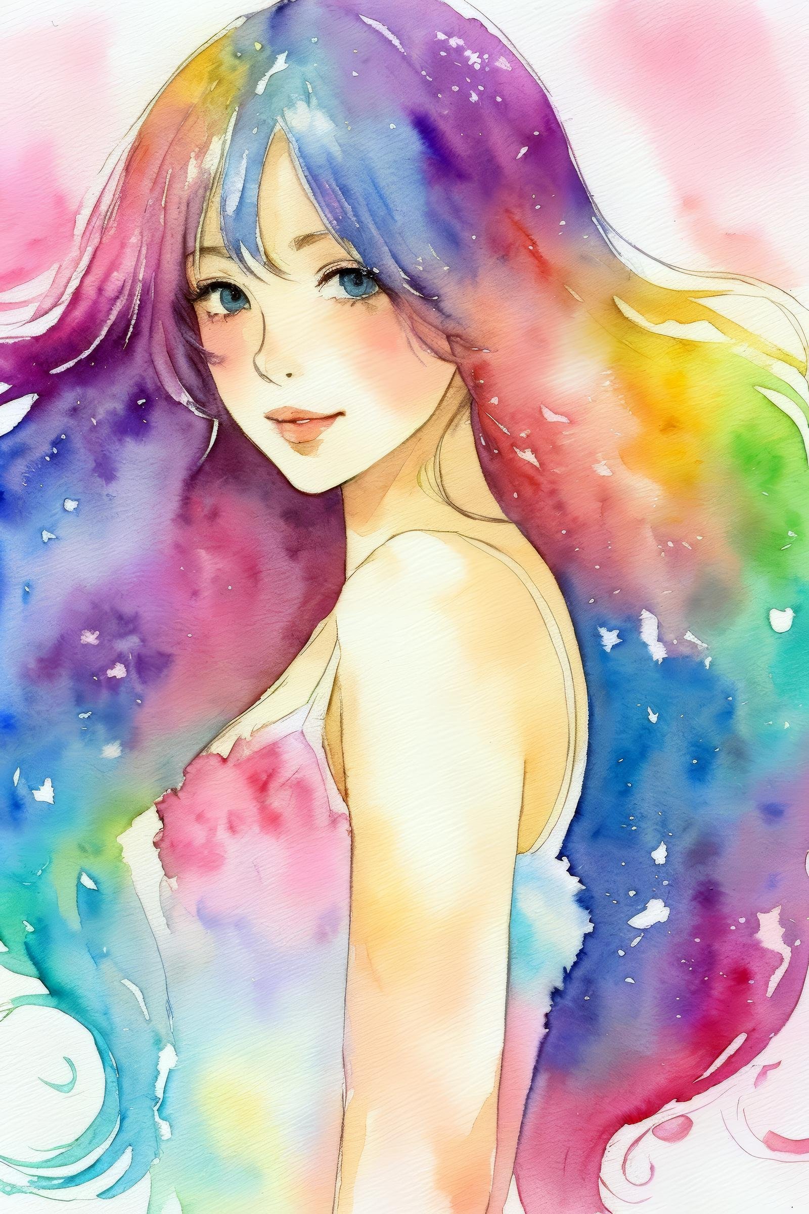 1 girl, solo, ((watercolor texture)), rainbow colorful hair, soft color, illustration anime, waved long hair, bubbles, glitter