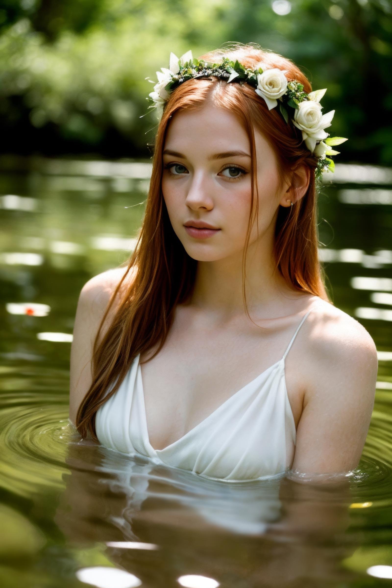 forest lily pond, ginger woman relaxing in water, nervous expression, upper body portrait, sheer white cloth, natural, flower crown, eyes contact, scenic, summer, shallow depth of field, vignette, highly detailed, high budget Hollywood film, bokeh, cinemascope, moody, epic, gorgeous, film grain