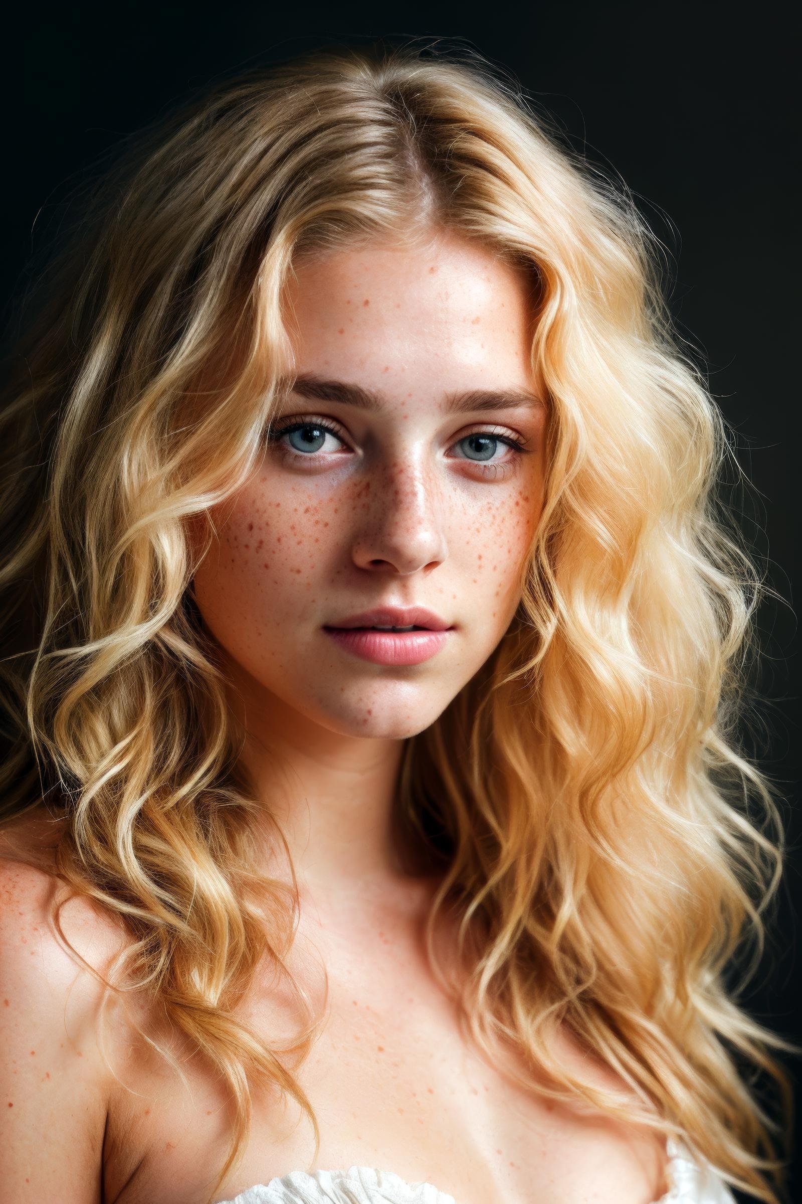 a photo portrait of a beautiful girl with curls and lots of freckles, (dirty blonde hair), (face portrait:1.5), dramatic light , Rembrandt lighting scheme, (hyperrealism:1.2), (8K UHD:1.2), (photorealistic:1.2), shot with Canon EOS 5D Mark IV, detailed face, detailed hair