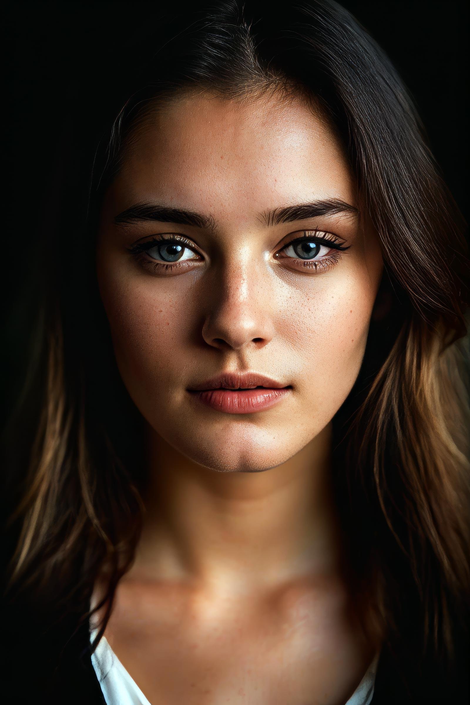 (close-up, editorial photograph of a 21 year old woman), (highly detailed face:1.4) (smile:0.7) (background inside dark, moody, private study:1.3), POV, by lee jeffries, nikon d850, film stock photograph, 4 kodak portra 400, camera f1.6 lens, rich colors, hyper realistic, lifelike texture, dramatic lighting, cinestill 800