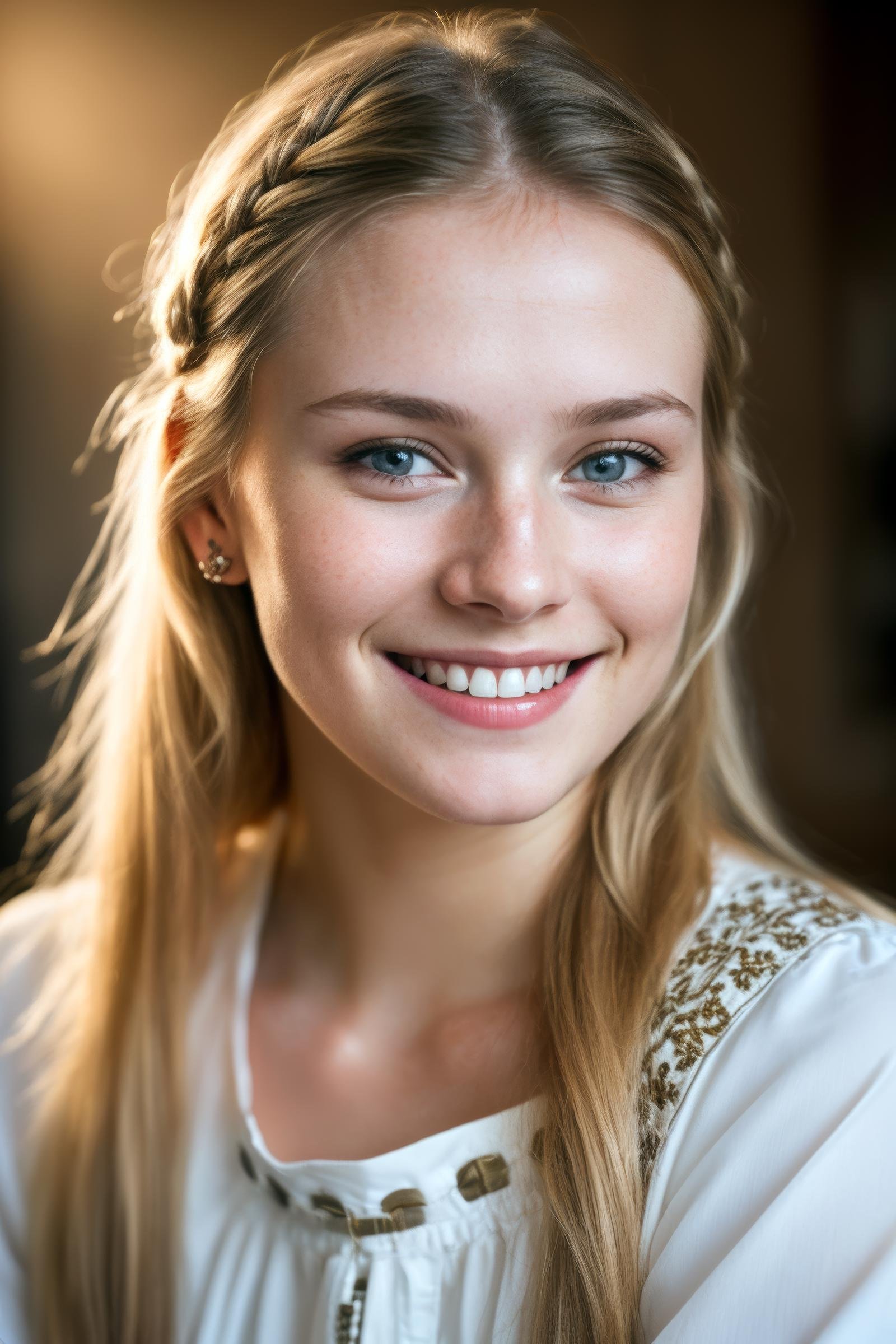 a photo portrait of a beautiful Finnish girl wearing traditional clothes, (smile, happy), (face portrait:1.5), dramatic light , Rembrandt lighting scheme, (hyperrealism:1.2), (8K UHD:1.2), (photorealistic:1.2), shot with Canon EOS 5D Mark IV, detailed face, detailed hair