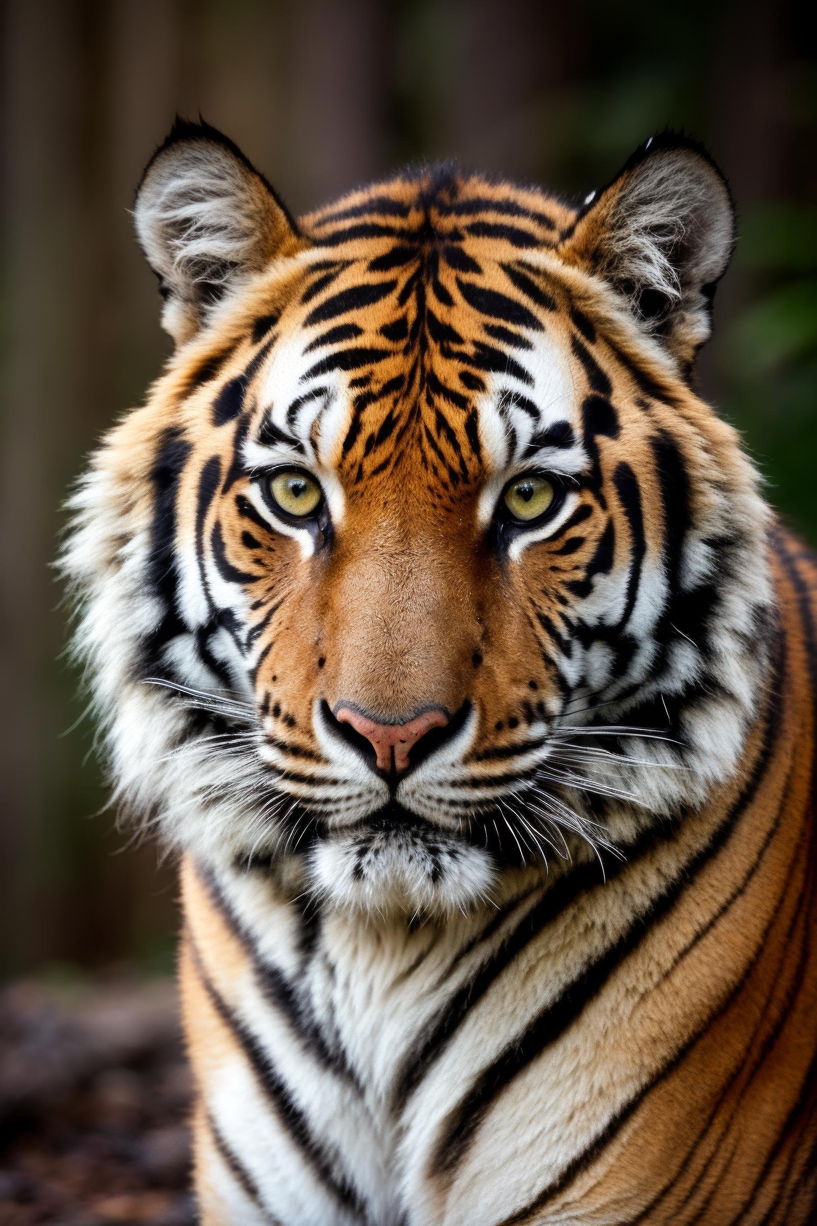 tiger, look at viewer, sitting with head up, majesty, medium shot, ultra-detailed eyes, intricate details, detailed texture, light source contrast, dramatic shadows, Cinematic Light, Depth of field, film grain, noise, dark background