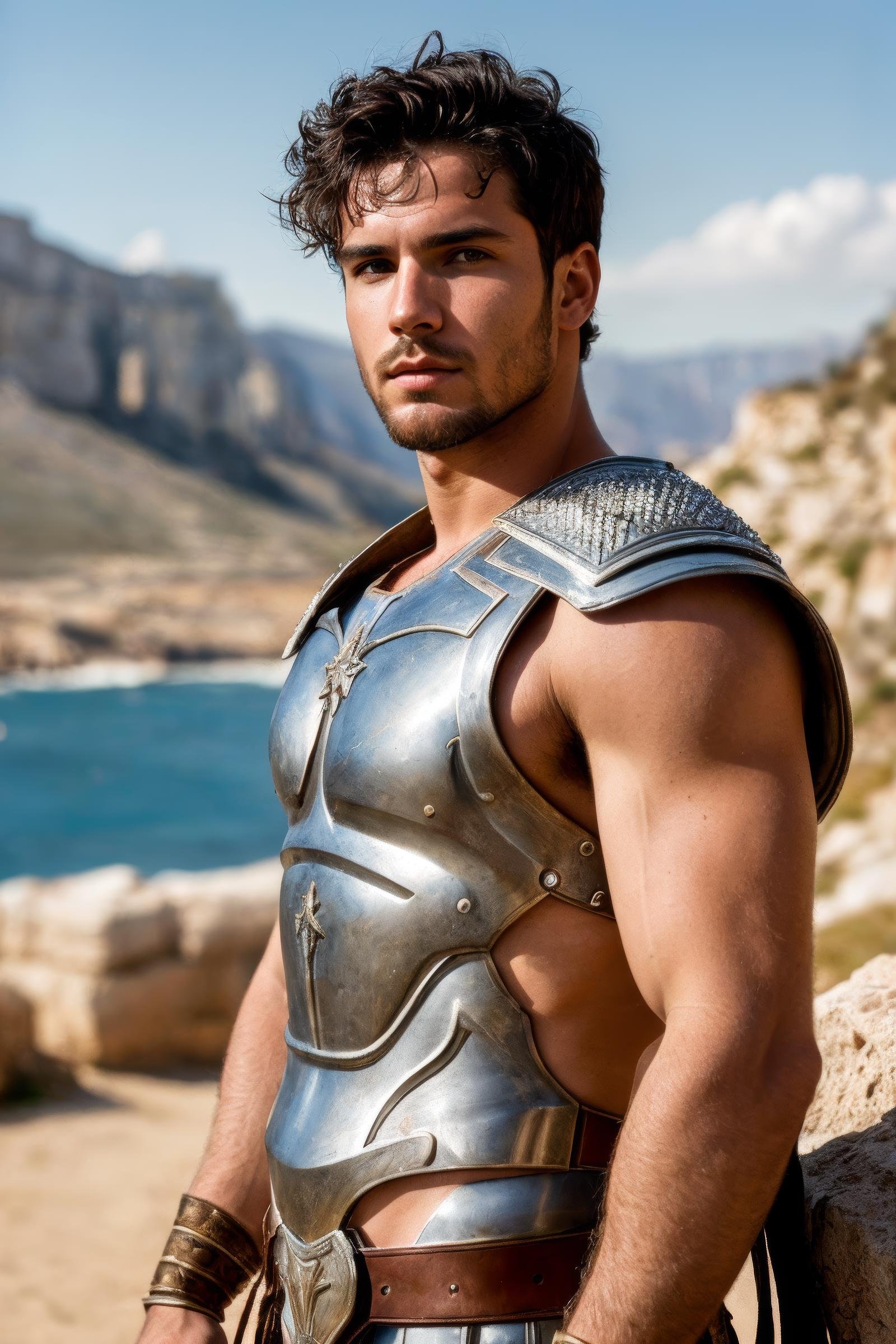 resting roman male gladiator, (cinematic composition, extreme detail, metahuman creator, epic background), Mediterranean landscape, detailed face, exquisite clothing details