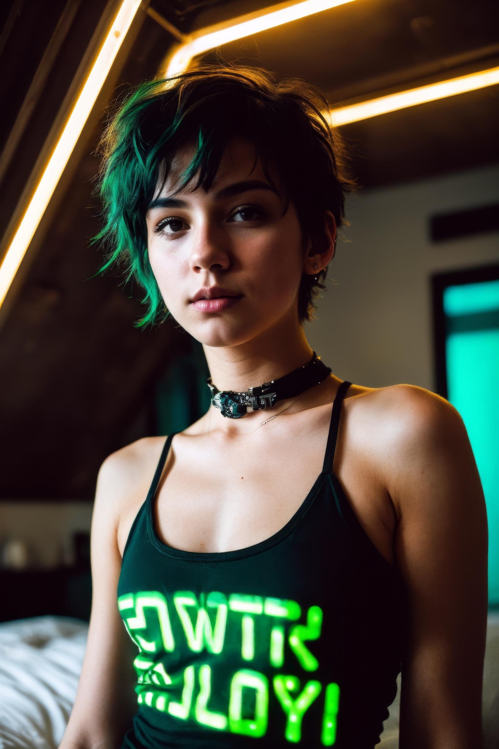 (analog photo:1.1), (a punk girl:1.15), green short curly hair, (black t-shirt:1.15), (20 years old, young:1.2), petite, (pubic hair:1.1), choker, cream eyeliner, european, cozy bedroom, (neon glow, cyberpunk:1.2), waves, warm colors, (inviting expression:1.05),  shallow depth of field, vignette, highly detailed, high budget Hollywood film, bokeh, cinemascope, moody, epic, gorgeous, film grain