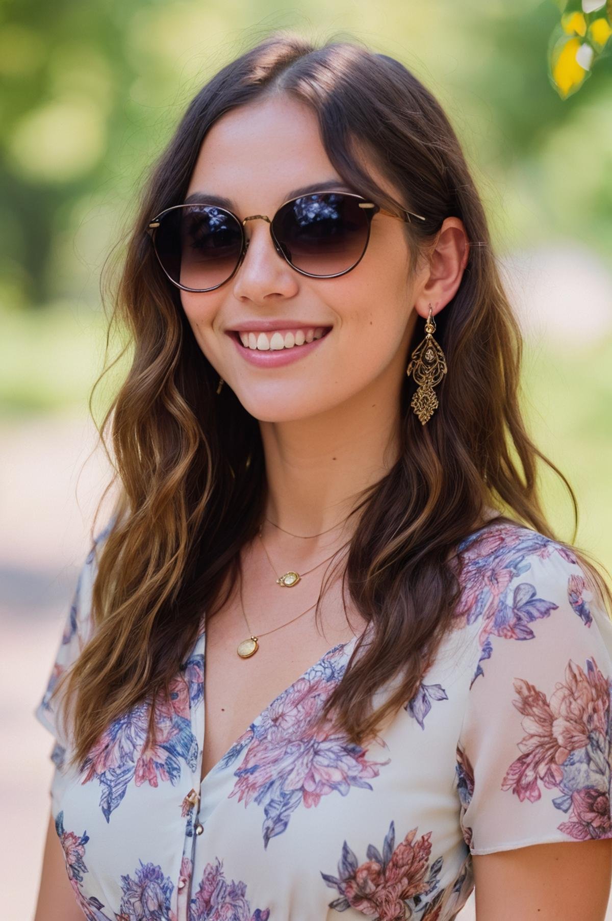 (masterpiece award winning) RAW analog photo (70s) hippie woman wear floral print dress (intricate details:1.1) Fujifilm XT3 (film grain) smiling sunglasses (soft natural lighting) (best quality), (dark shadows), (bokeh), (dof:1.2), (sharp focus:1.3), (detailed skin:1.2), (hyperrealism:1.2), (8K UHD:1.2), (photorealistic:1.2)