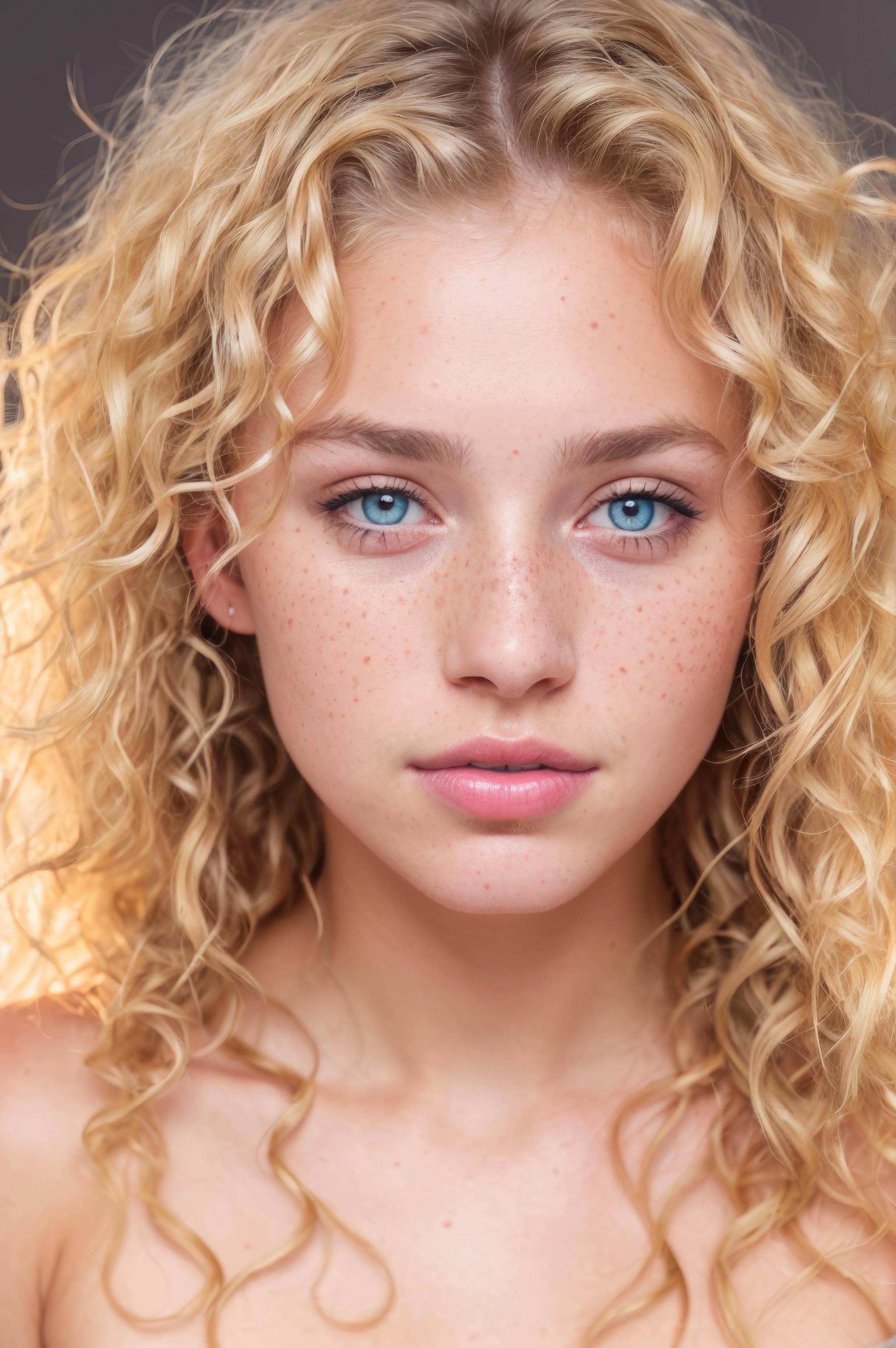 a photo portrait of a beautiful girl with curls and lots of freckles, (dirty blonde hair), (face portrait:1.5), dramatic light , Rembrandt lighting scheme, (hyperrealism:1.2), (8K UHD:1.2), (photorealistic:1.2), shot with Canon EOS 5D Mark IV, detailed face, detailed hair