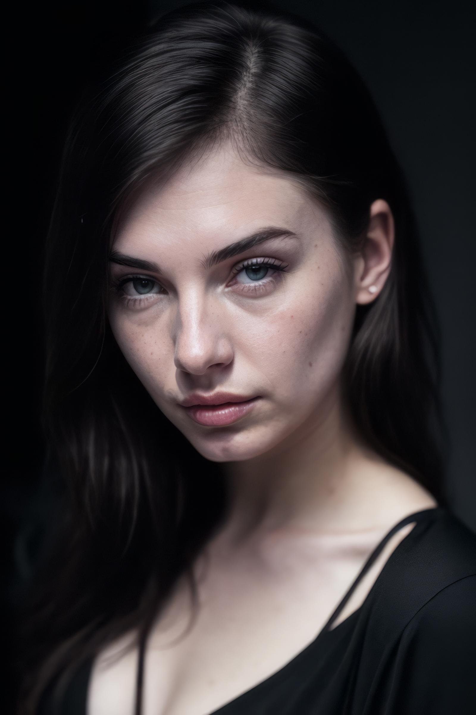 Masterpiece, (cinematic lighting:1.1), front view, [portrait], low-key lighting, eye focus, photo of (pale skin girl), wearing black shirt, perfect face, glaring blue eyes, [gothic makeup], pouting seductively, (detailed skin), [[[light freckles]]], [[[imperfect skin]]], high frequency details, (film grain), dramatic, candles in background, ornate, cold colors, (backlighting:0.5), photographed on a Canon EOS R5, 85mm f/1.2 cine lens, sharp focus, (highly detailed, intricately detailed), (Cinestill 800T:0.9), medium closeup  <lora:LowRA:1>  