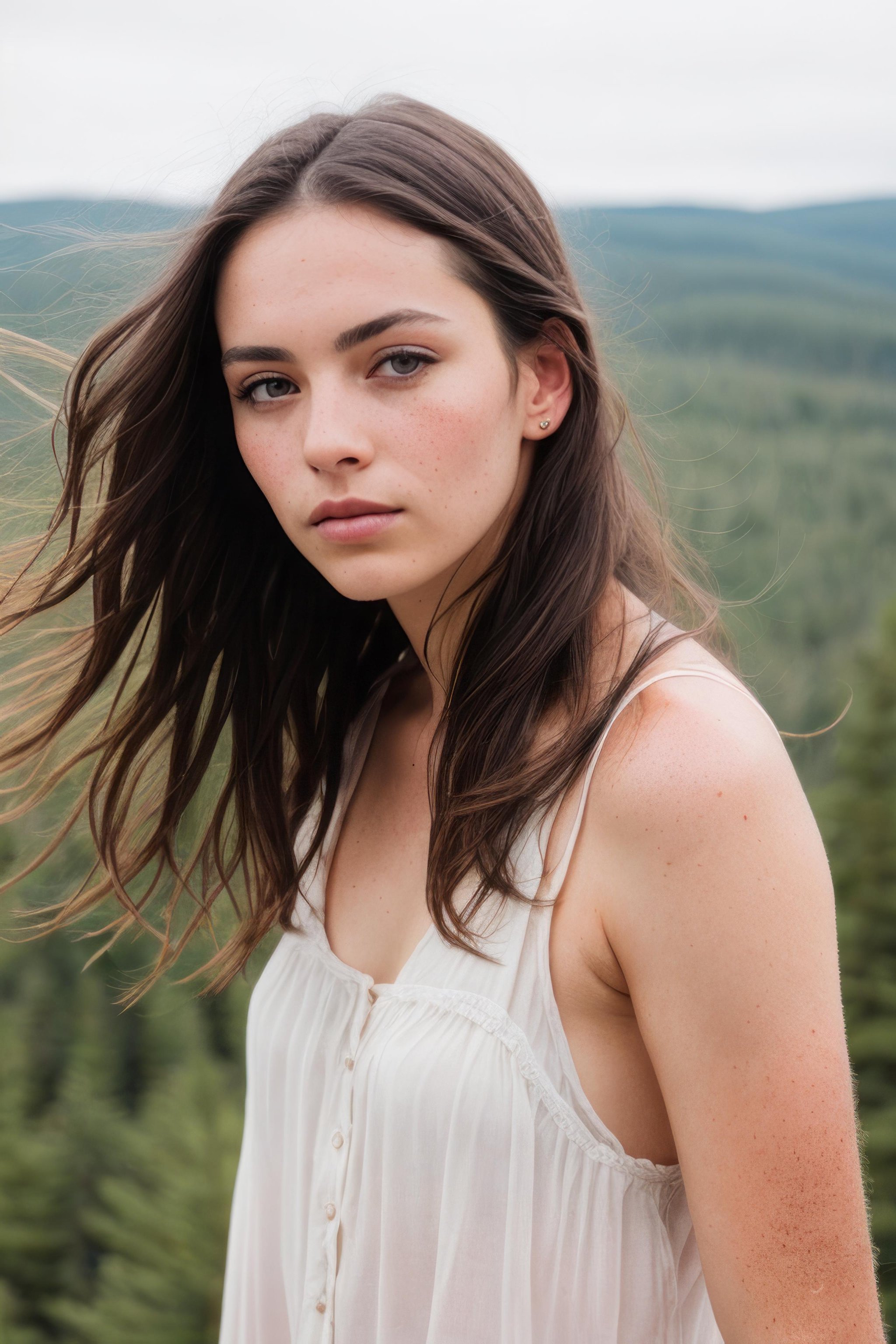 portrait of beautiful woman, looking over spruce forest, moody portrait, striking features, beauty, intricate details, dramatic composition, tension, wispy hair, blue eyes, contrast, texture, realism, high-quality rendering, stunning art, high quality, film grain, Fujifilm XT3, acne, blemishes, detailed skin, freckled