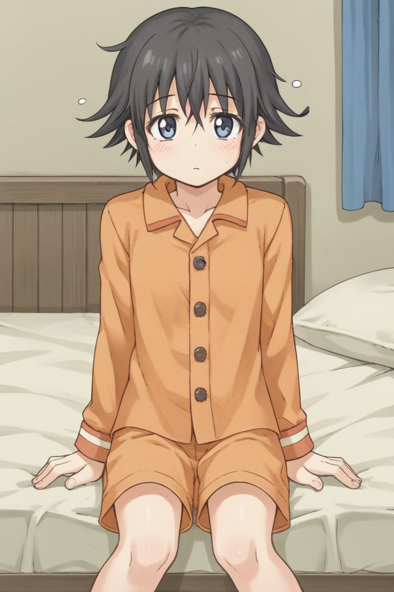 1girl, solo, annieatelier, short hair, black hair, blue eyes, orange shirt, orange shorts, pajamas, indoors, sitting, bed, sleepy, looking at viewer,