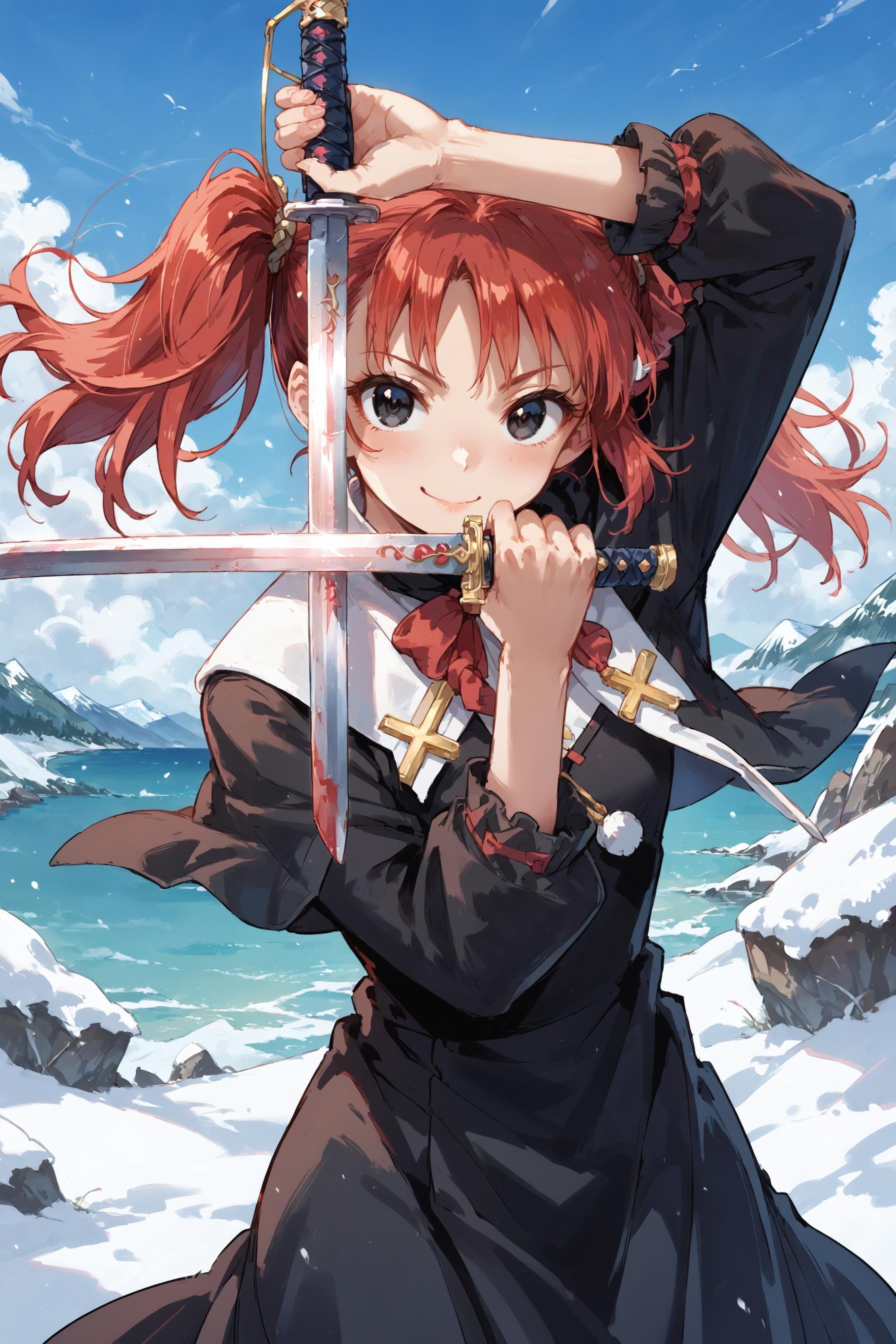 (score_9, score_8_up, score_7_up) BREAK source_anime,1girl,solo,black eyes,red hair,twintails,black dress,smile,dual wielding \(cross\),holding sword,looking at viewer,cowboy shot,outdoors,day,snow,beach,<lora:dual_wielding_cross:1>,