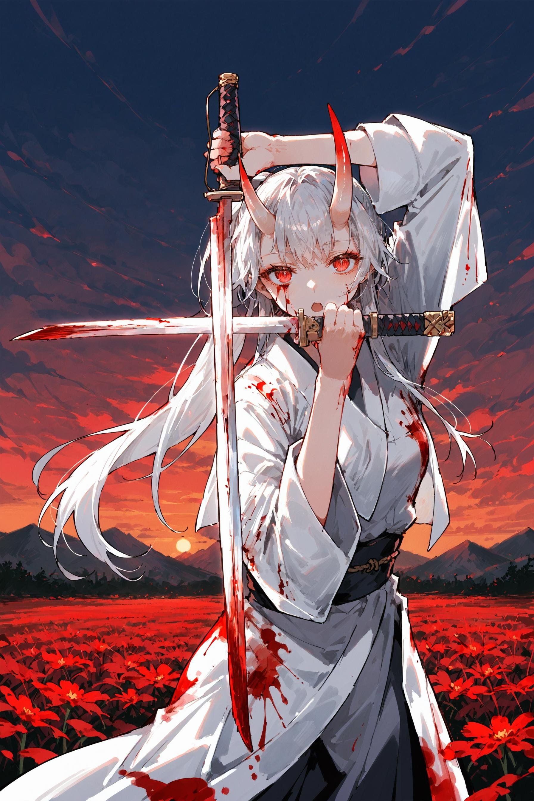 (score_9, score_8_up, score_7_up) BREAK source_anime,1girl,solo,red eyes,white hair,long hair,ponytail,oni horns,japanese clothes,medium breasts,white kimono,blood,blood on clothes,blood on face,expressionless,open mouth,dual wielding \(cross\),holding sword,looking at viewer,upper body,outdoors,sunset,flower field,fire,mountainous horizon,<lora:dual_wielding_cross:1>,