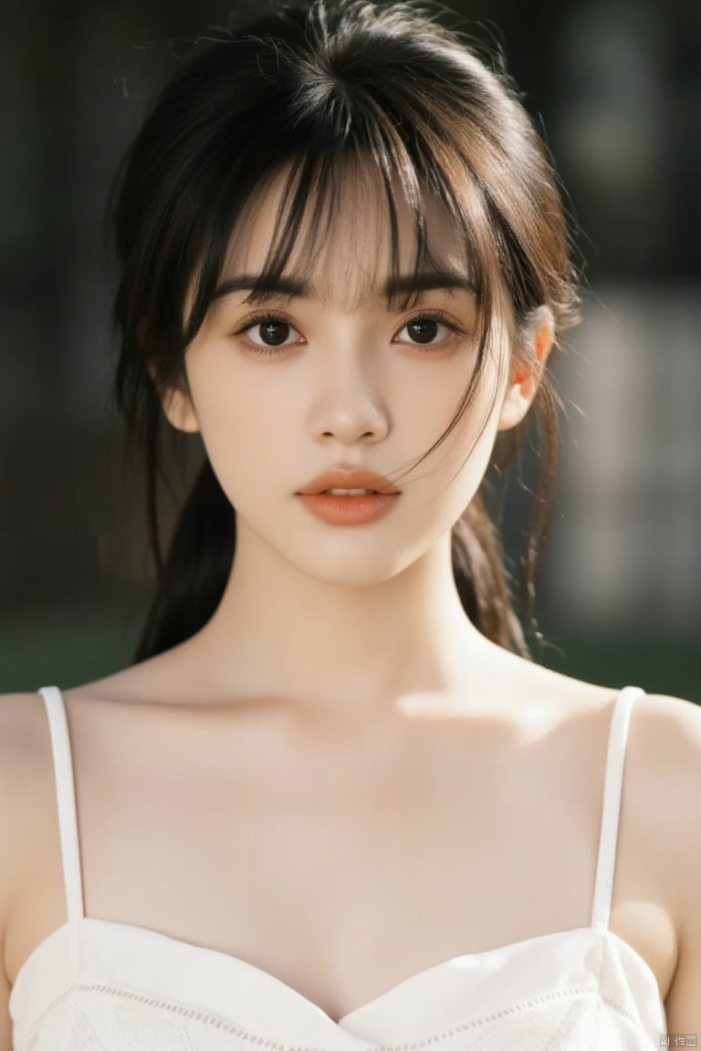 a close-up shot of a young Asian woman with dark brown hair and brown eyes. She is wearing a white sleeveless blouse with a low neckline that is adorned with white embroidery. Her hair is pulled back in a ponytail, adding a touch of texture to her face. The backdrop is blurred, creating a stark contrast to the woman's white dress.