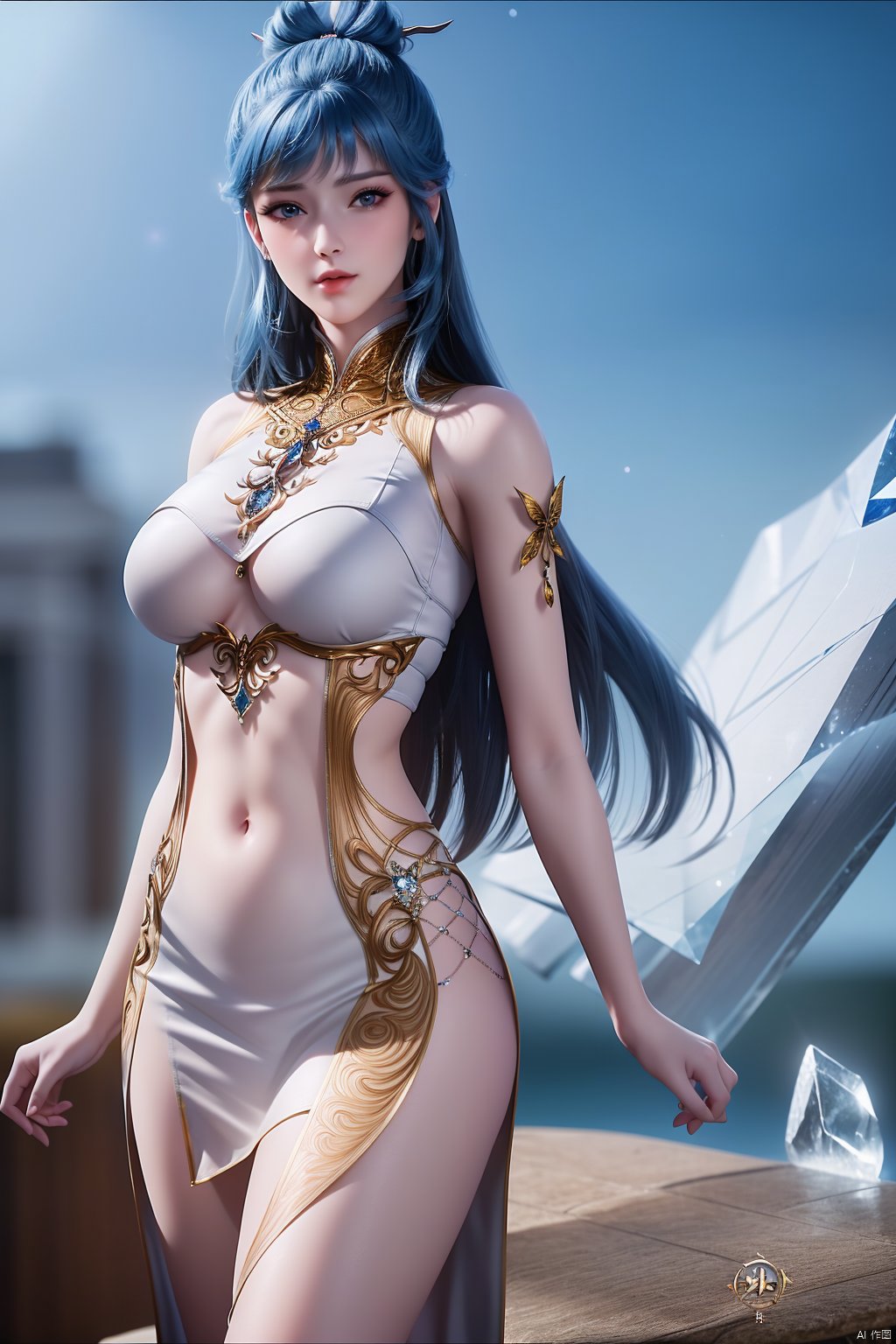  (8k, RAW photo, best quality, masterpiece:1.2), (realistic, photorealistic:1.3), ultra-detailed, extremely detailed cg 8k wallpaper, (crystalstexture skin:1.2), extremely delicate and beautiful,1girl,long hair, breasts, bangs, blue eyes, chinese clothes,dress,cowboy shot,looking at viewer,hair ornament,hair bun