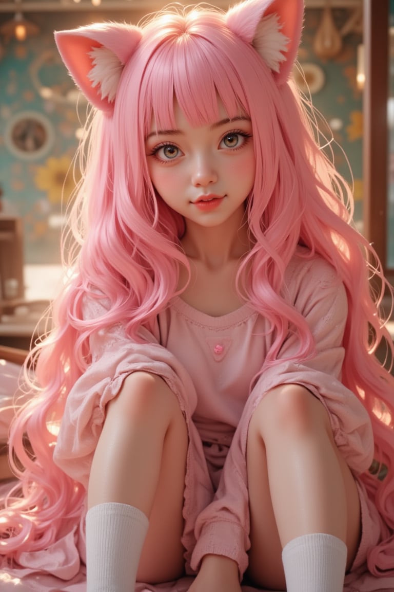 A masterpiece of an anime illustration!

Depict a shy girl with adorable features, donning pink hair styled into absurdly long strands that cascade down her back. Her skin glistens with a subtle sheen, as if oiled to perfection. She wears white socks and cat ear and tail accessories, all while sporting a pink-themed outfit.

The scene is set indoors, with the subject's full body visible from head to toe. Her bangs and long hair frame her face, which glows with a soft blush. Her legs and knees are relaxed, as if she's sitting or standing in a comfortable pose.

Surround her with a warm, ambient lighting that creates a cozy atmosphere. Ensure the focus is sharp, with textures and details so fine they could be seen with 4K clarity. The result should resemble an exquisite anime wallpaper, worthy of being displayed at 8K resolution.