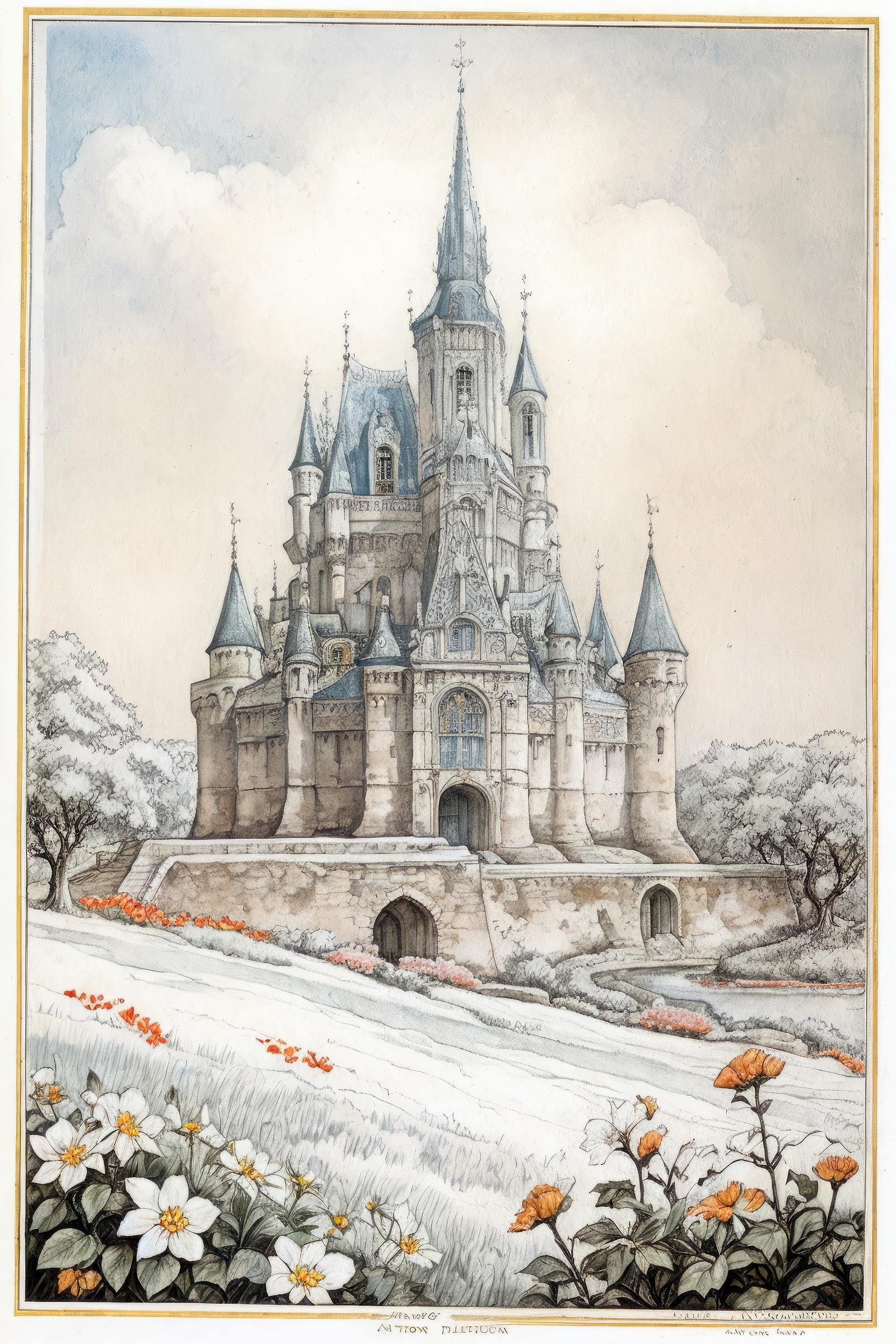 anton pieck style, flower, castle, scenery, tree,  <lora:Anton_Pieck_Style:1>