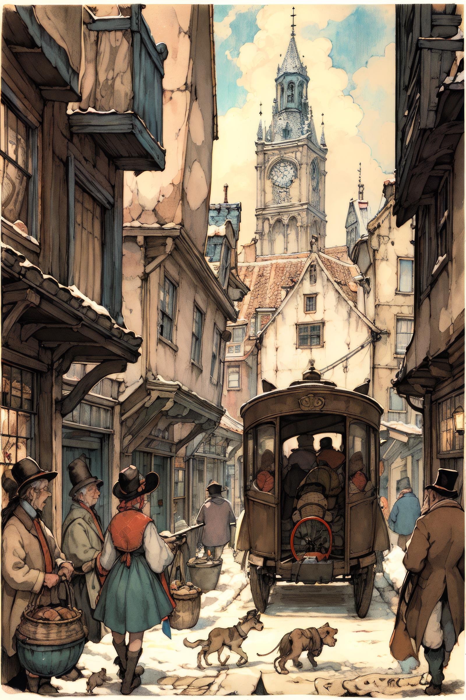 anton pieck style, multiple girls, multiple boys, horseback riding, horse, hat, 6+girls, 6+boys, ground vehicle, dog, bicycle, old man, animal, dress, child, cat, traditional media, street, road <lora:Anton_Pieck_Style:1>