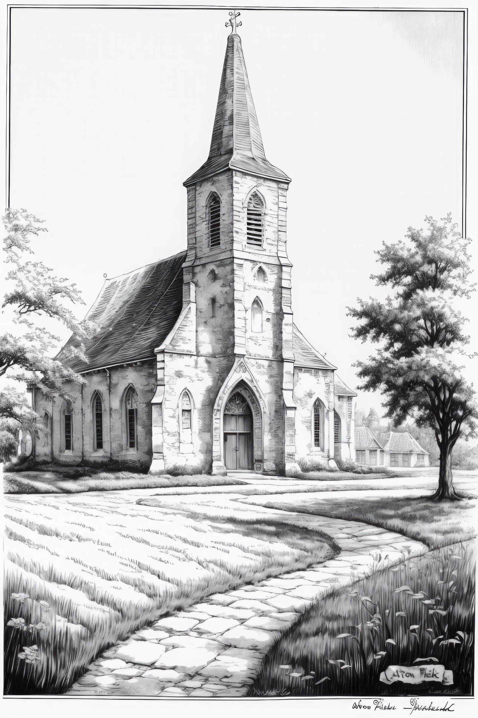 anton pieck style, monochrome, greyscale, no humans, scenery, traditional media, dated, grass, outdoors, signature, building, church <lora:Anton_Pieck_Style:1>