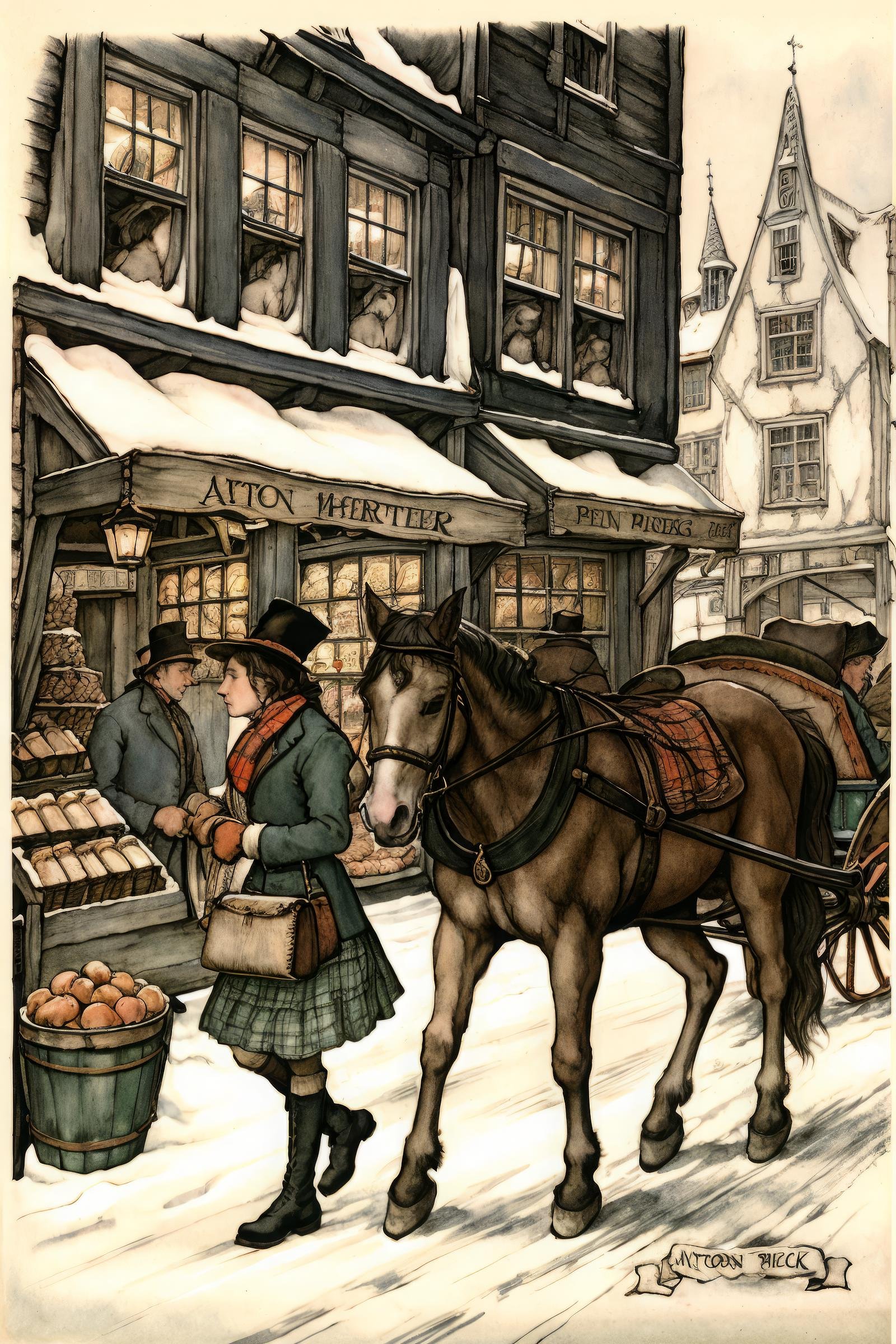 anton pieck style, horse, shop, multiple boys, multiple girls, hat, traditional media, painting (medium), skirt, gloves, horseback riding, boots, plaid, bag <lora:Anton_Pieck_Style:1>