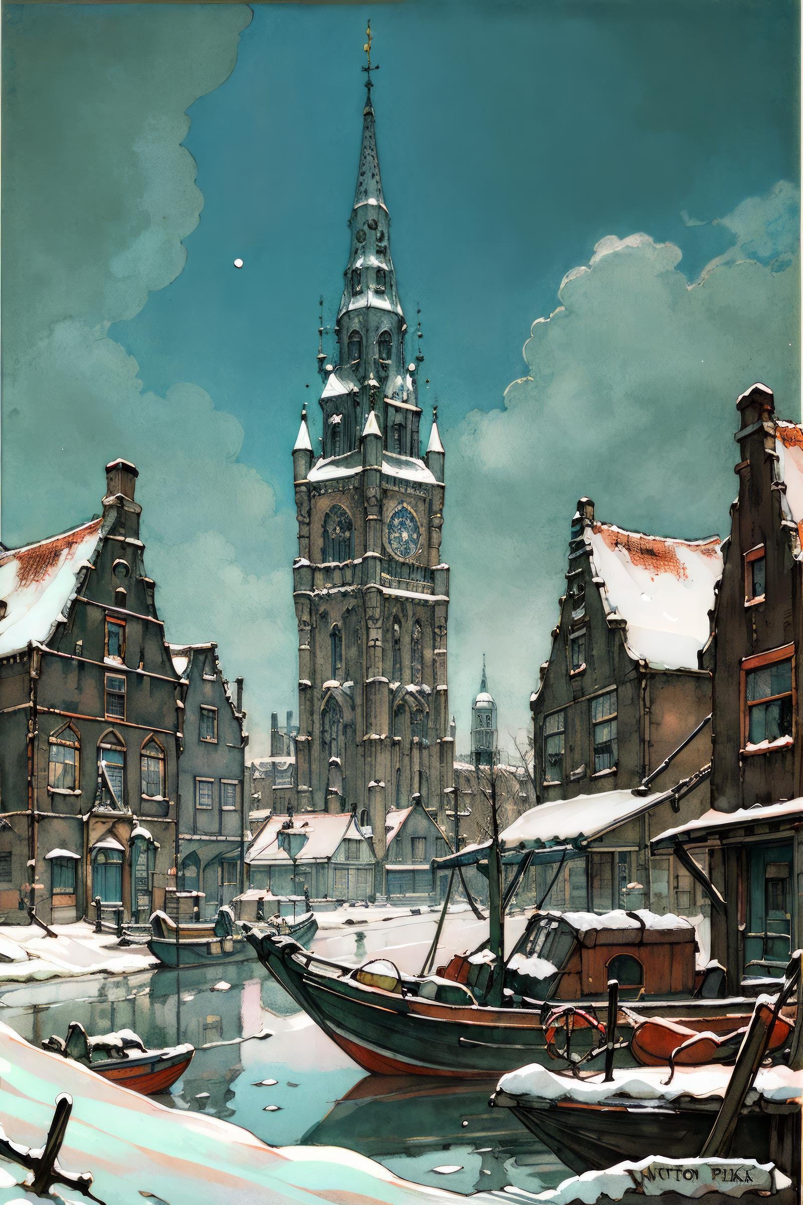 anton pieck style, watercraft, scenery, no humans, boat, traditional media, snow, outdoors, flag, building, sky, tower, chimney  <lora:Anton_Pieck_Style:1>