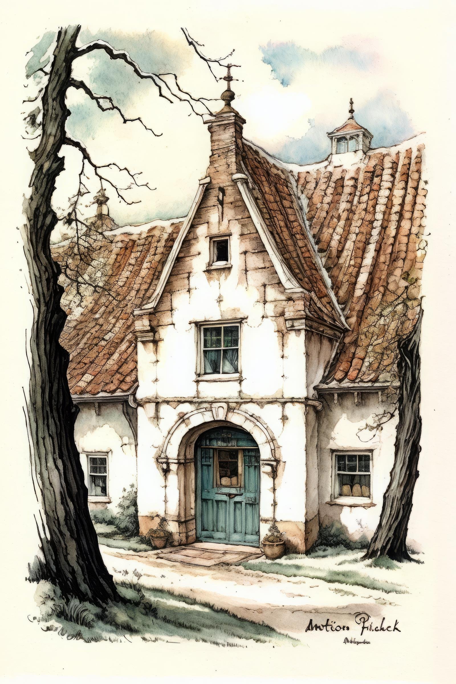 anton pieck style, tree, scenery, traditional media, outdoors, building, no humans, window, watercolor (medium), painting (medium), english text, door, house, artist name,  <lora:Anton_Pieck_Style:1>