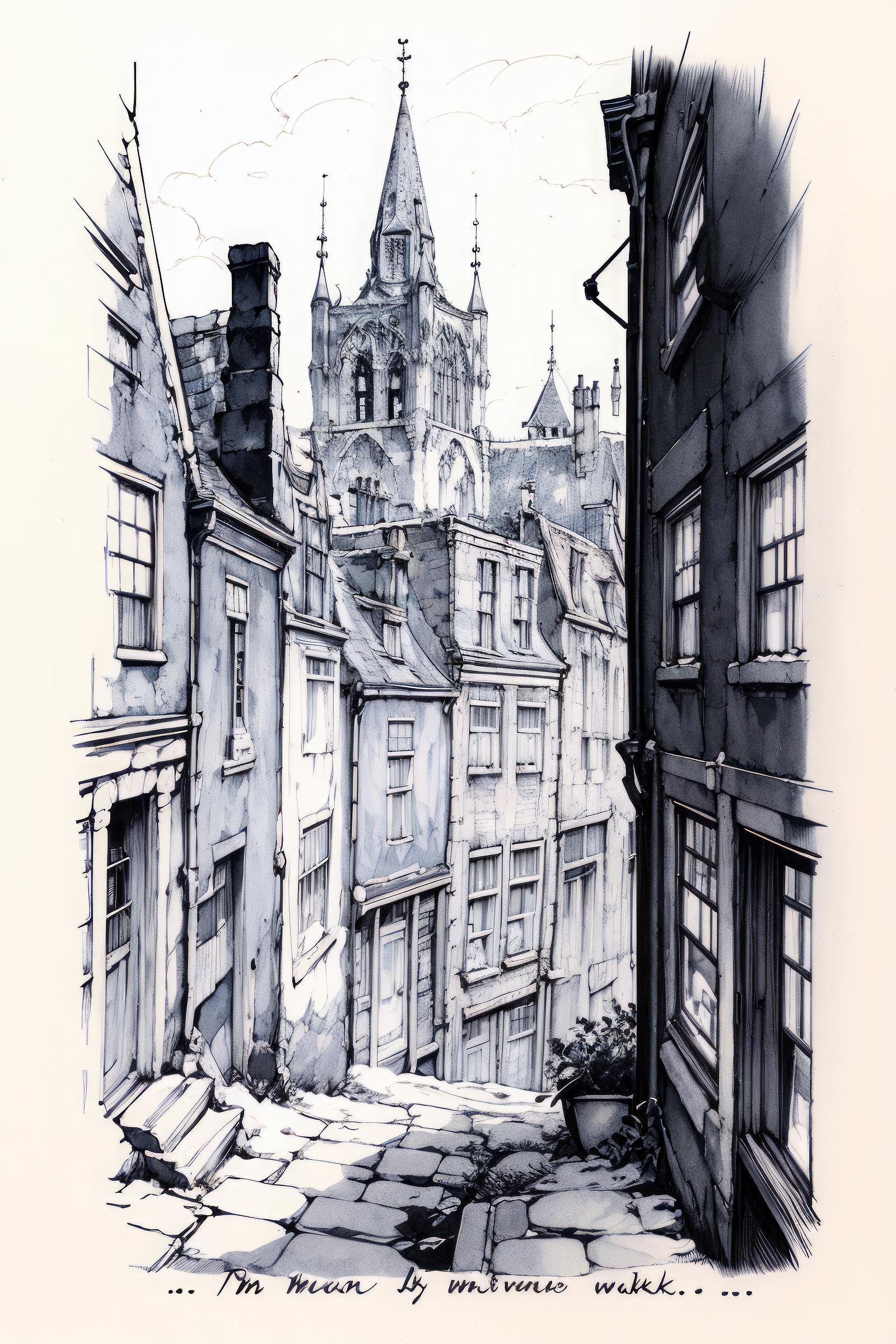 anton pieck style, monochrome, no humans, scenery, traditional media, english text, building, stairs  <lora:Anton_Pieck_Style:1>