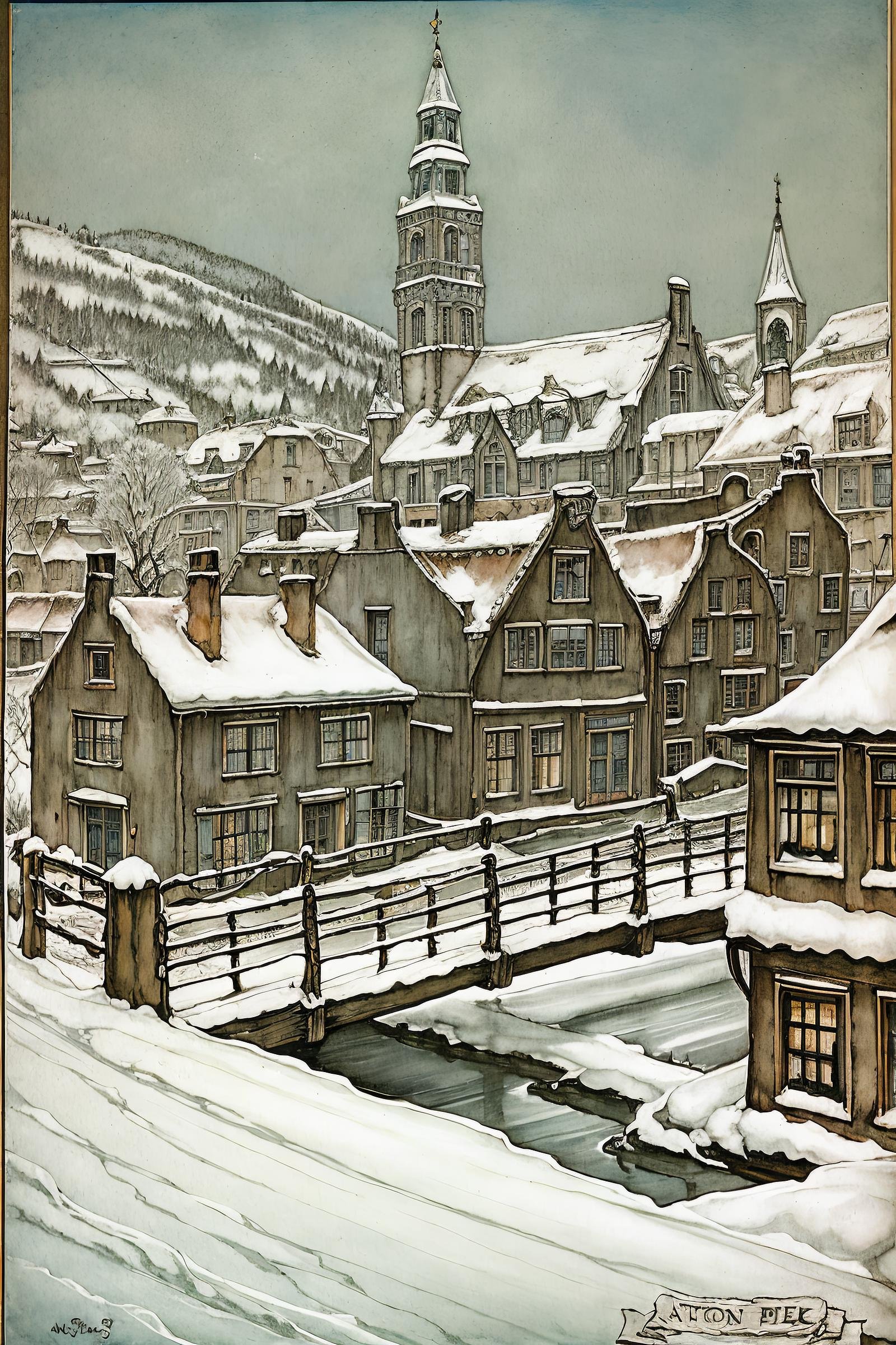 anton pieck style, scenery, snow, bridge, house, building, outdoors, traditional media, no humans, fence, rock, town <lora:Anton_Pieck_Style:1>