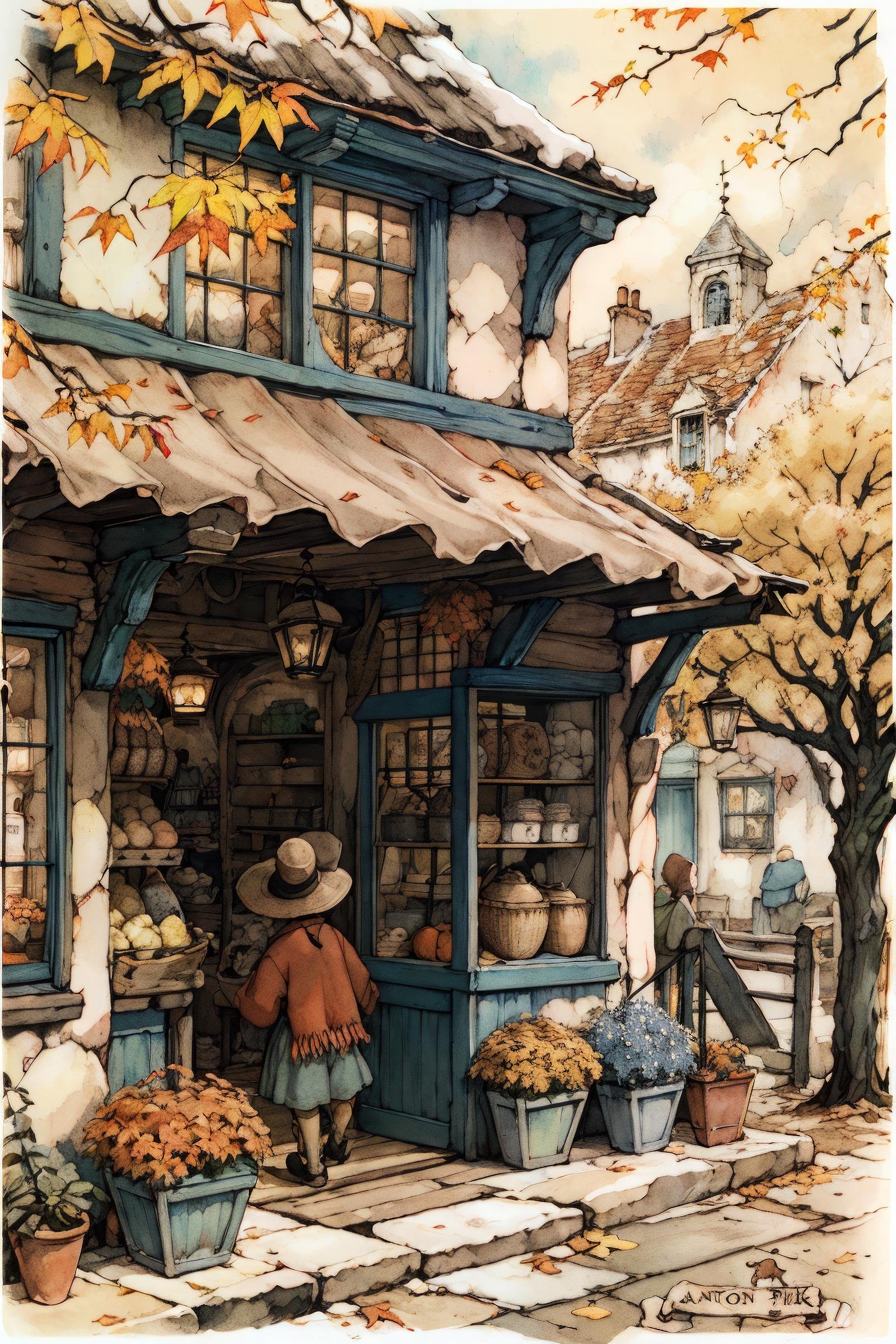 anton pieck style, tree, cat, multiple boys, shop, traditional media, painting (medium), storefront, hat, watercolor (medium), leaf, sign, autumn, child, outdoors,  <lora:Anton_Pieck_Style:1>