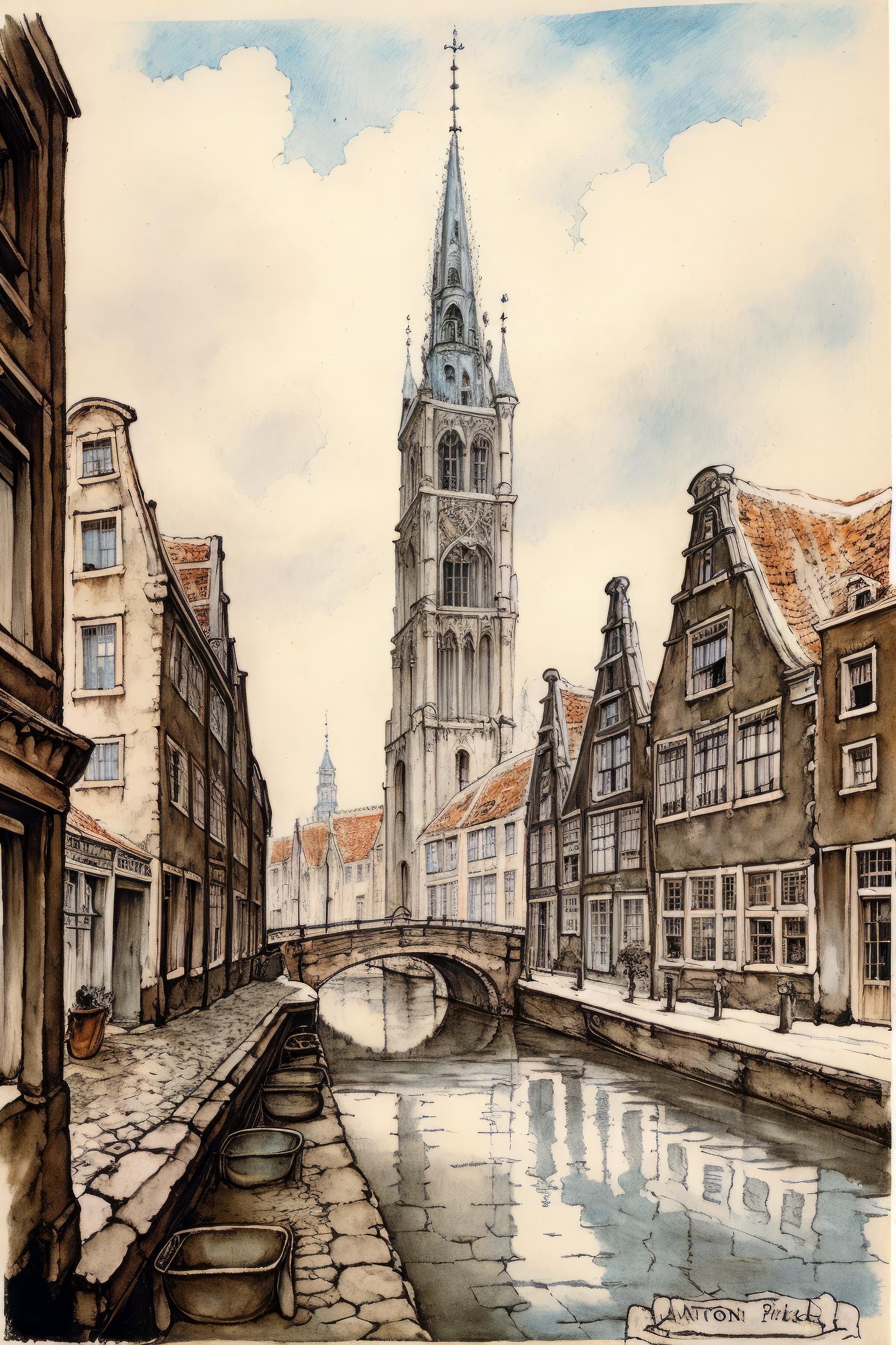 anton pieck style, scenery, no humans, tree, traditional media, building, bridge, dated, lamppost, outdoors, water, painting (medium), signature, city,  <lora:Anton_Pieck_Style:1>