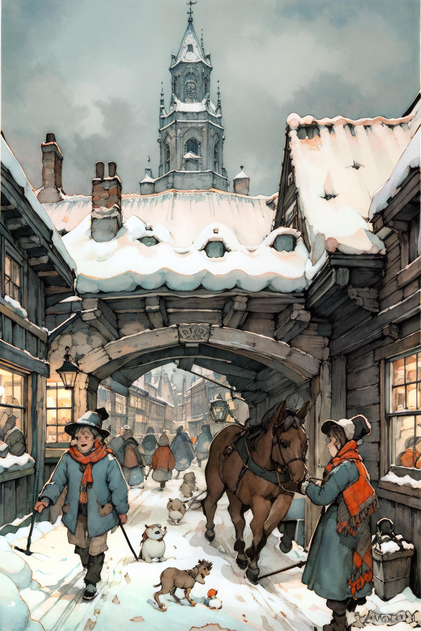 anton pieck style, snow, horse, multiple boys, 6+boys, snowman, hat, scarf, multiple girls, painting (medium), traditional media, outdoors, watercolor (medium), cane <lora:Anton_Pieck_Style:1>