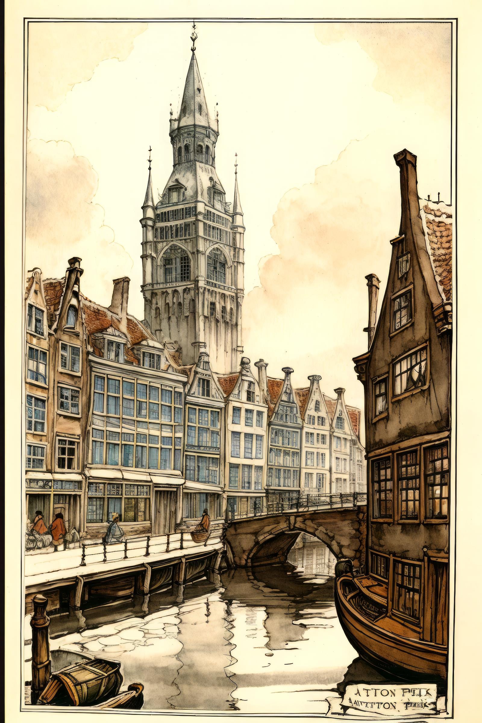 anton pieck style, watercraft, boat, traditional media, no humans, scenery, building, bridge, outdoors <lora:Anton_Pieck_Style:1>