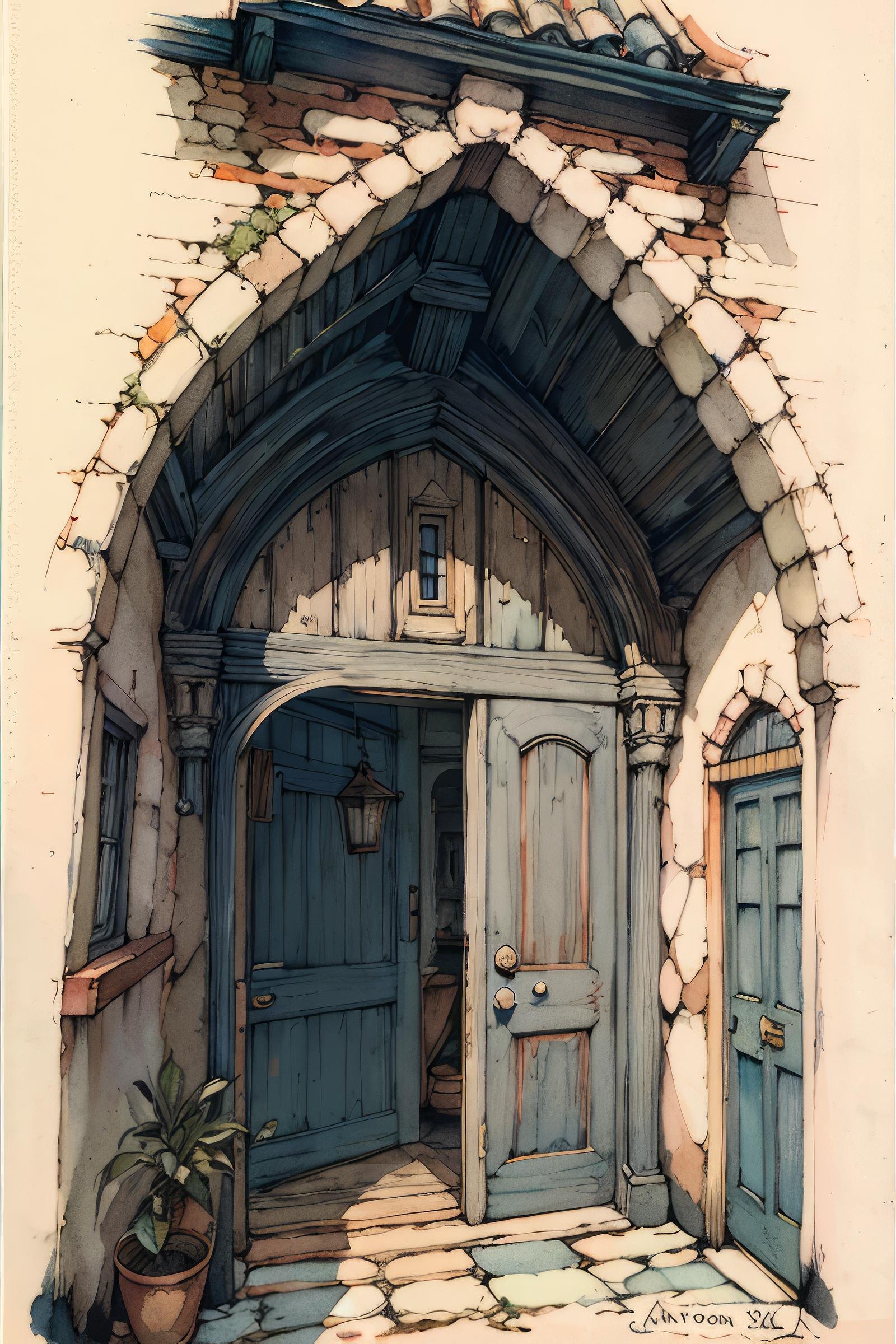 anton pieck style, no humans, stairs, traditional media, dated, scenery, signature, building, window, painting (medium), door, arch, watercolor (medium) <lora:Anton_Pieck_Style:1>