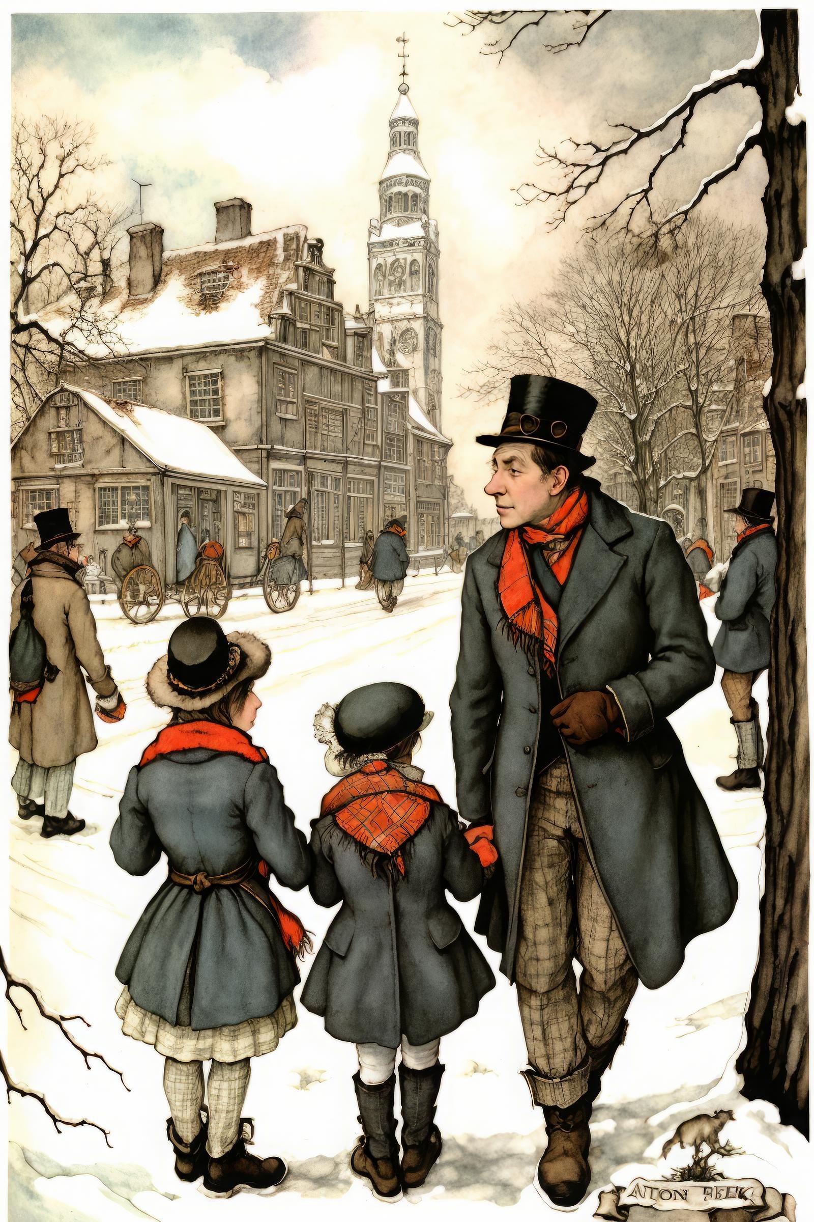 anton pieck style, top hat, multiple girls, scarf, multiple boys, tree, gloves, child, coat, boots, fine art parody, mittens <lora:Anton_Pieck_Style:1>