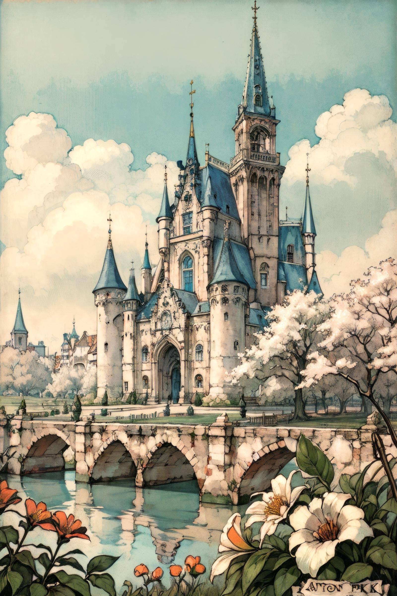 anton pieck style, flower, castle, scenery, tree,  <lora:Anton_Pieck_Style:1>