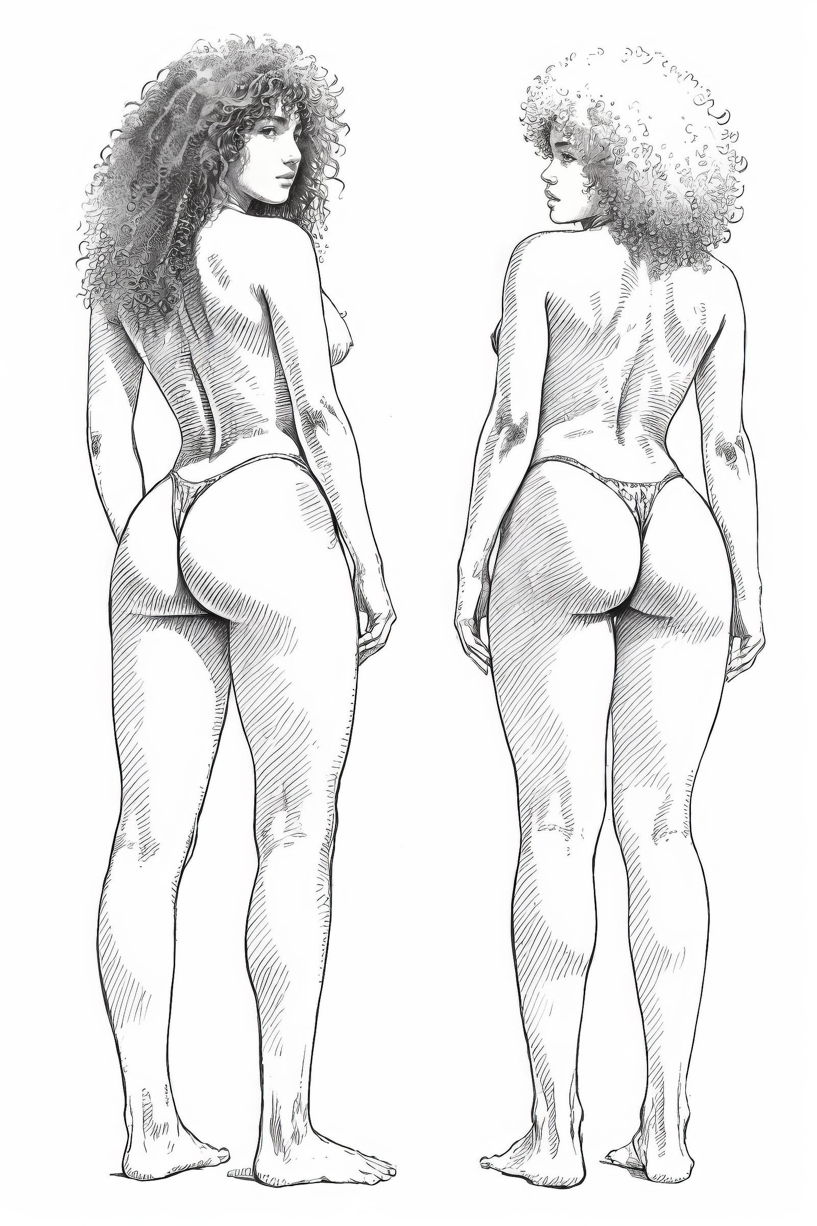 druuna style, monochrome, greyscale, ass, afro, long hair, 2girls, barefoot, multiple girls, topless, fundoshi, curly hair, from behind, traditional media, back, swimsuit, thong, 1boy, facial hair, looking at another, standing, leg hair, full body, 2boys <lora:SD15_druuna_style:1>