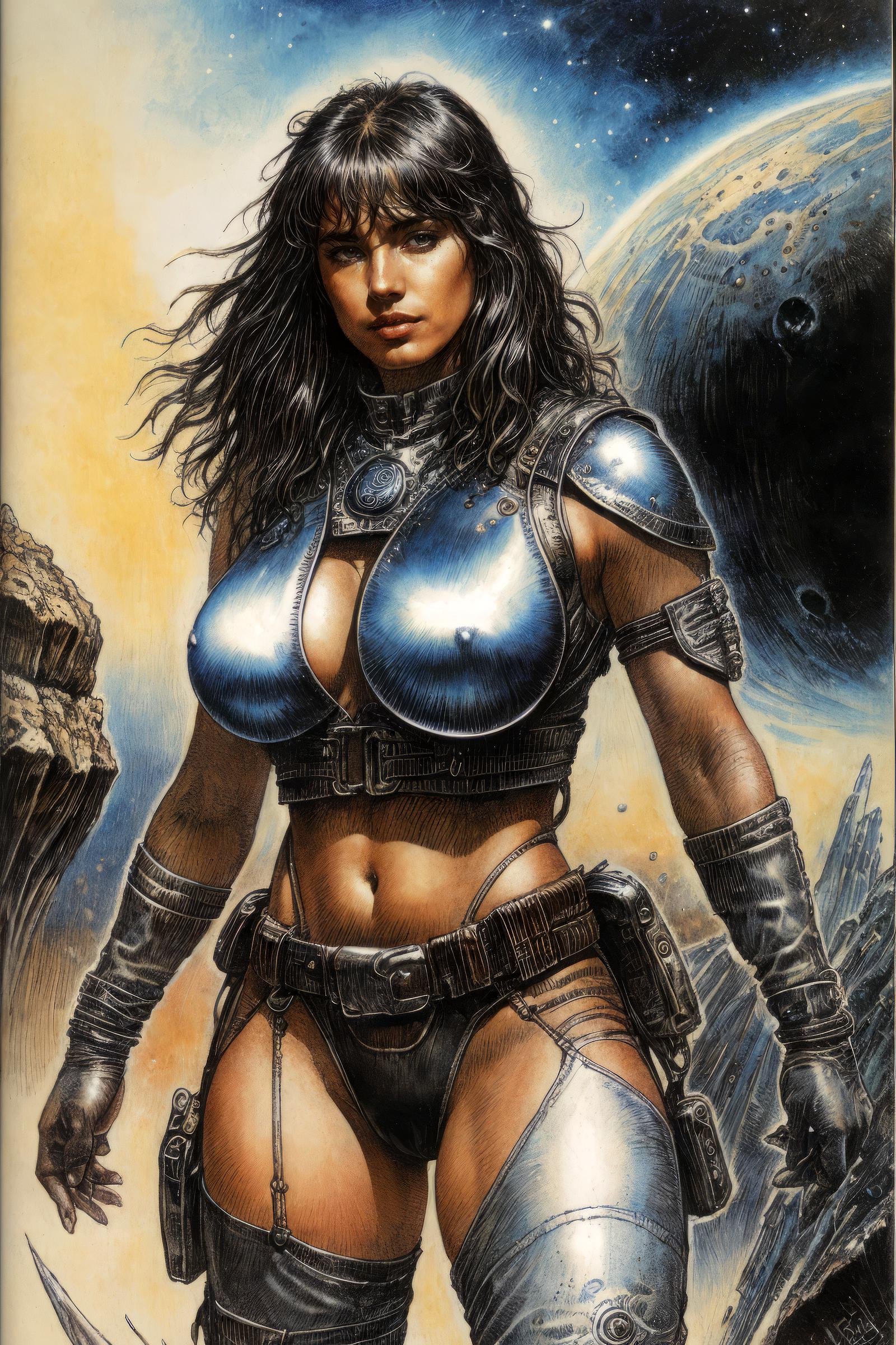 druuna style, [sci-fi:fantasy:18] artwork, highly detailed painting of a (Space outlaw Woman with short multicolor hair), perfect face, (wearing futuristic military chest rig and black leather pants), combat boots, silver belt, athletic body, big butt, large breasts, cleavage, [harness], rocky planet background, galaxy in sky, erotic art, bold colors, dynamic composition, (by Luis Royo and Philippe Druillet:1.1), <lora:SD15_druuna_style:1>