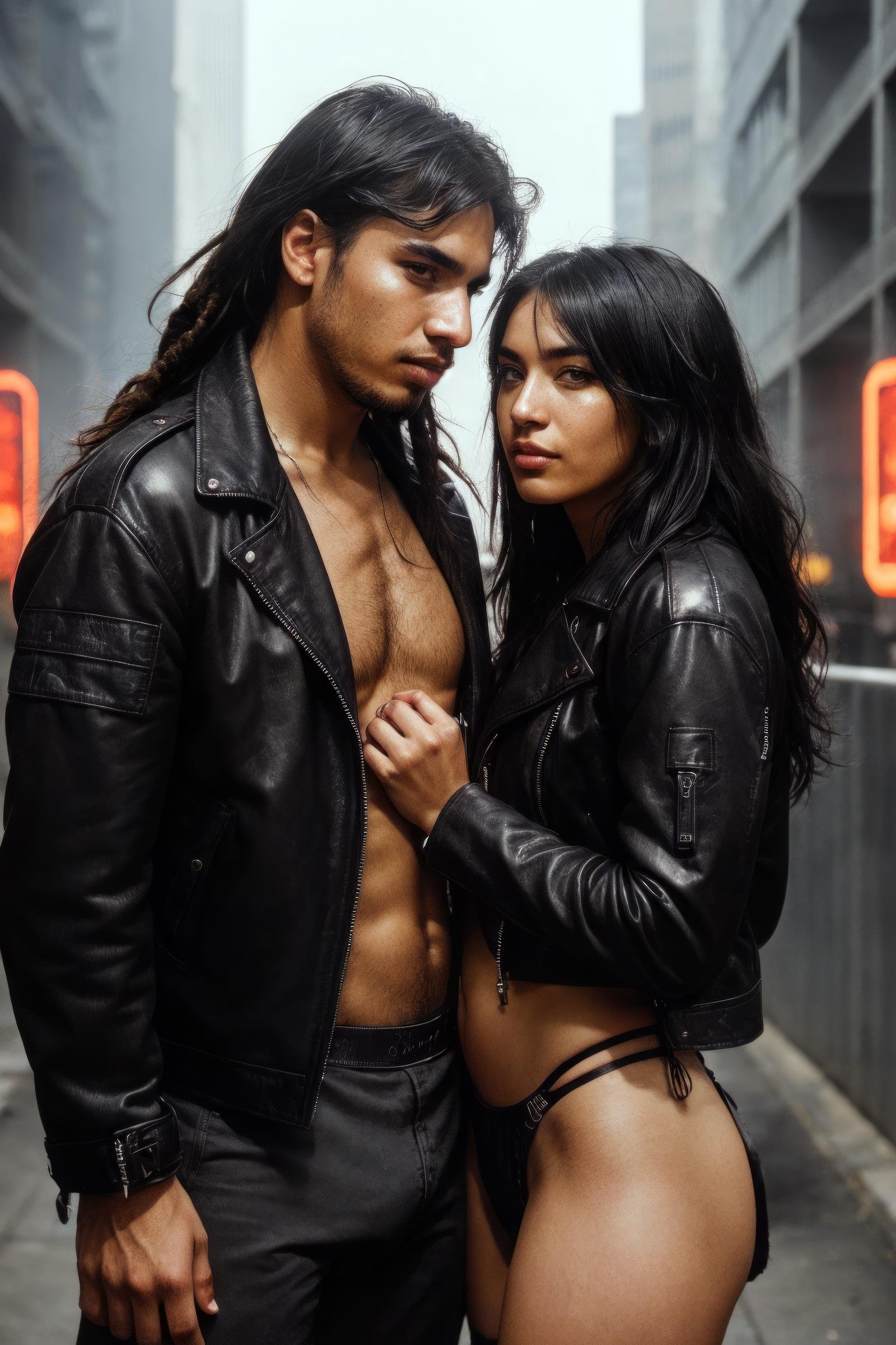 druuna style, 1girl, 1boy, black hair, dreadlocks, facial hair, long hair, black jacket, lips, brown eyes, crop top, underwear, building, cyberpunk, panties, stubble, looking at viewer, height difference, couple, hetero, leather jacket, animification <lora:SD15_druuna_style:1>