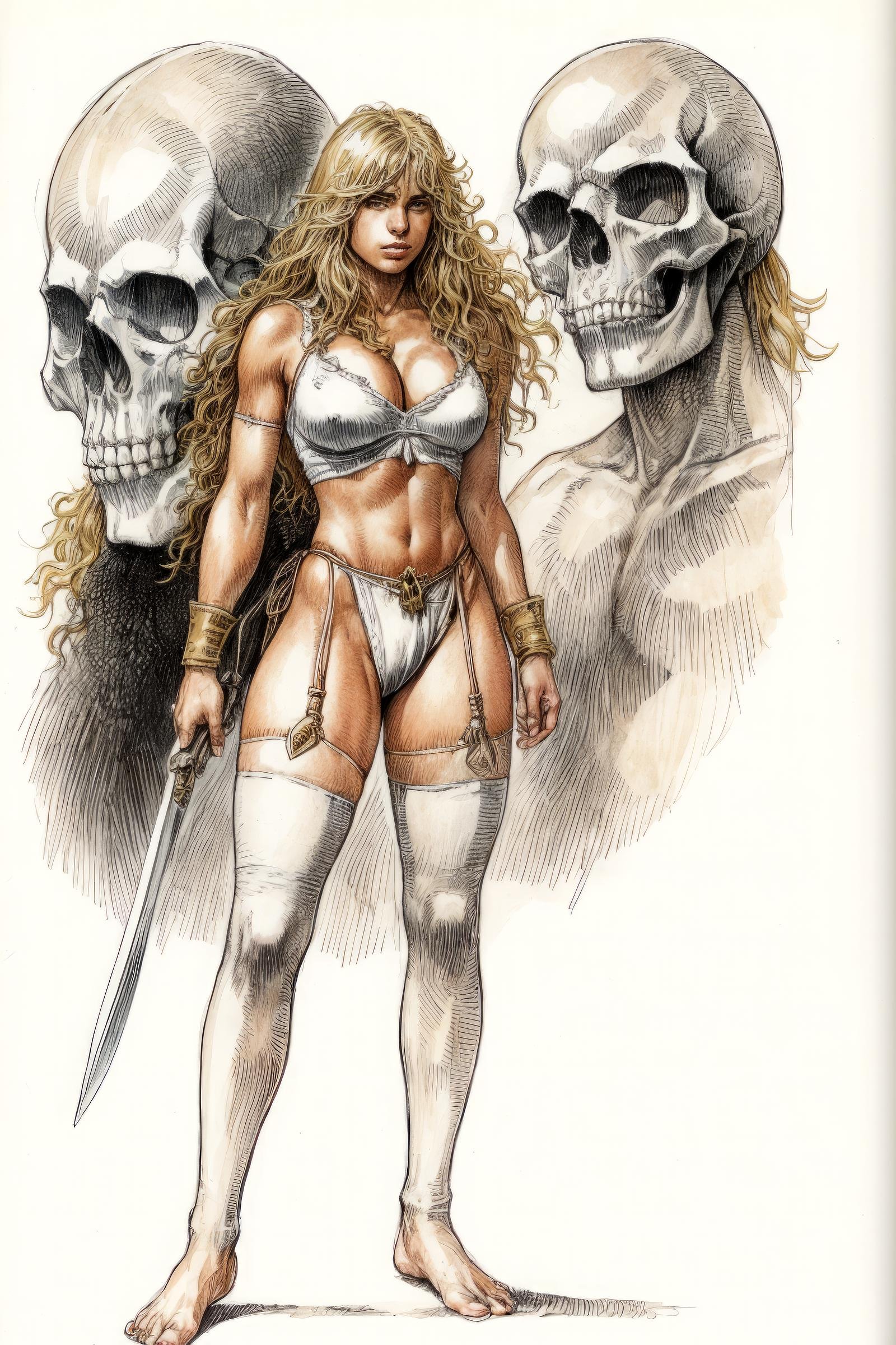 druuna style, 1girl, blonde hair, long hair, thighhighs, barefoot, medium breasts, muscular, cleavage, toeless legwear, fundoshi, weapon, loincloth, midriff, traditional media, standing, skull <lora:SD15_druuna_style:1>