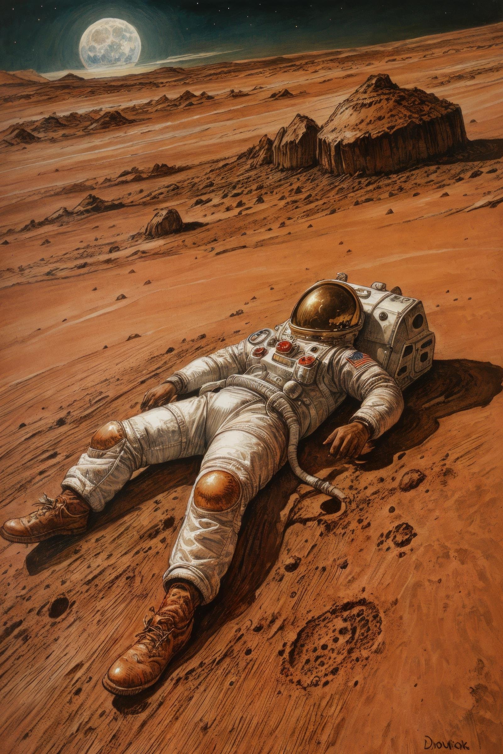 druuna style, "an astronaut laying on mars in the style of flooko, acrylic art, detailed, moonlight, detailed hands and shoes," <lora:SD15_druuna_style:1>