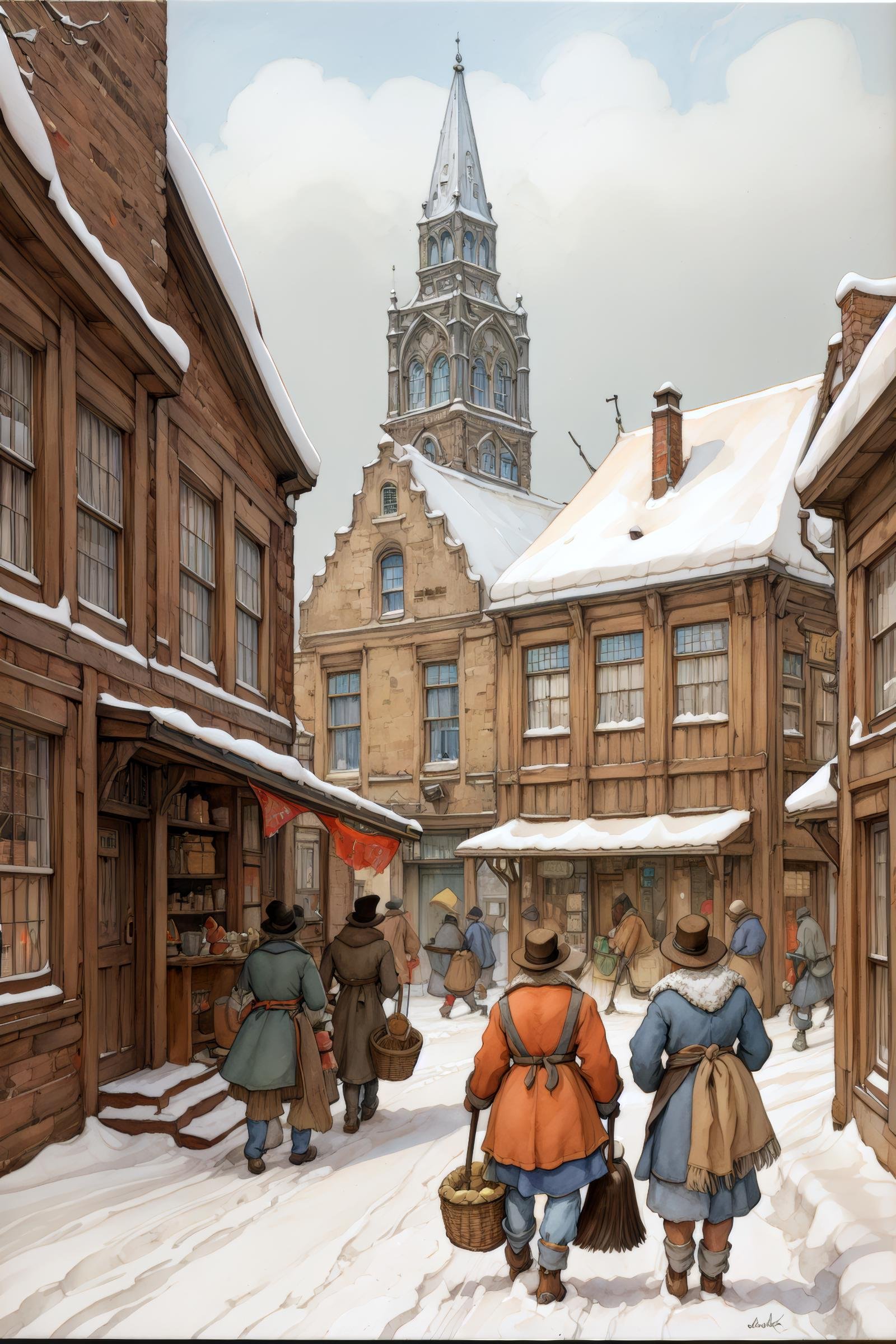 anton pieck style, multiple boys, weapon, 6+boys, traditional media, snow, photoshop (medium), hat, gun, basket, town, building, painting (medium), ladder, city, watercolor (medium), cityscape, multiple girls, scenery, original, signature, house, broom <lora:SD15_Anton_Pieck_Style_V2:1>