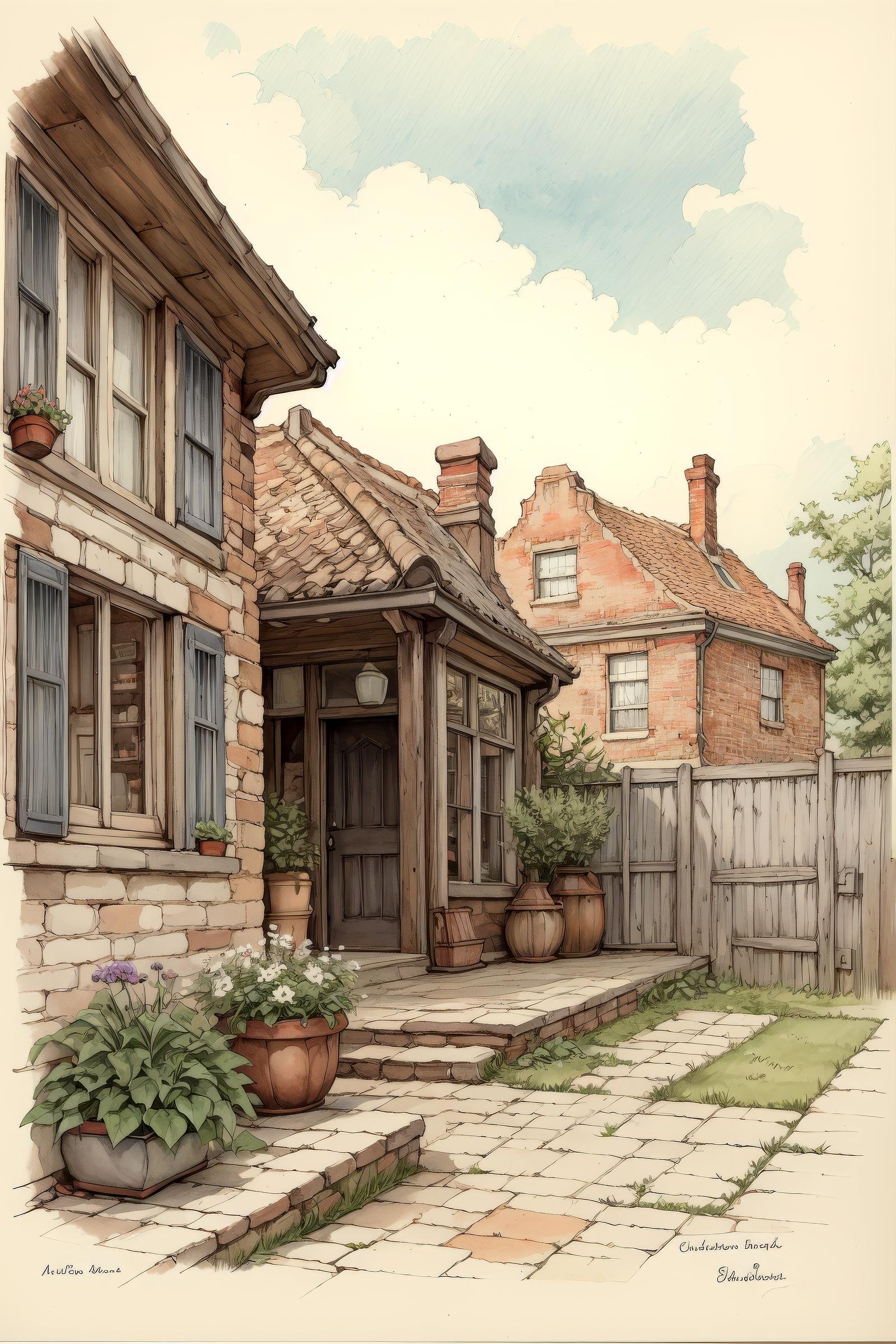 anton pieck style, no humans, potted plant, original, door, window, house, traditional media, photoshop (medium), building, scenery, brick wall, stairs, tree, fence, flower pot, outdoors, signature, graphite (medium), grass, watercolor (medium), bush, painting (medium) <lora:SD15_Anton_Pieck_Style_V2:1>