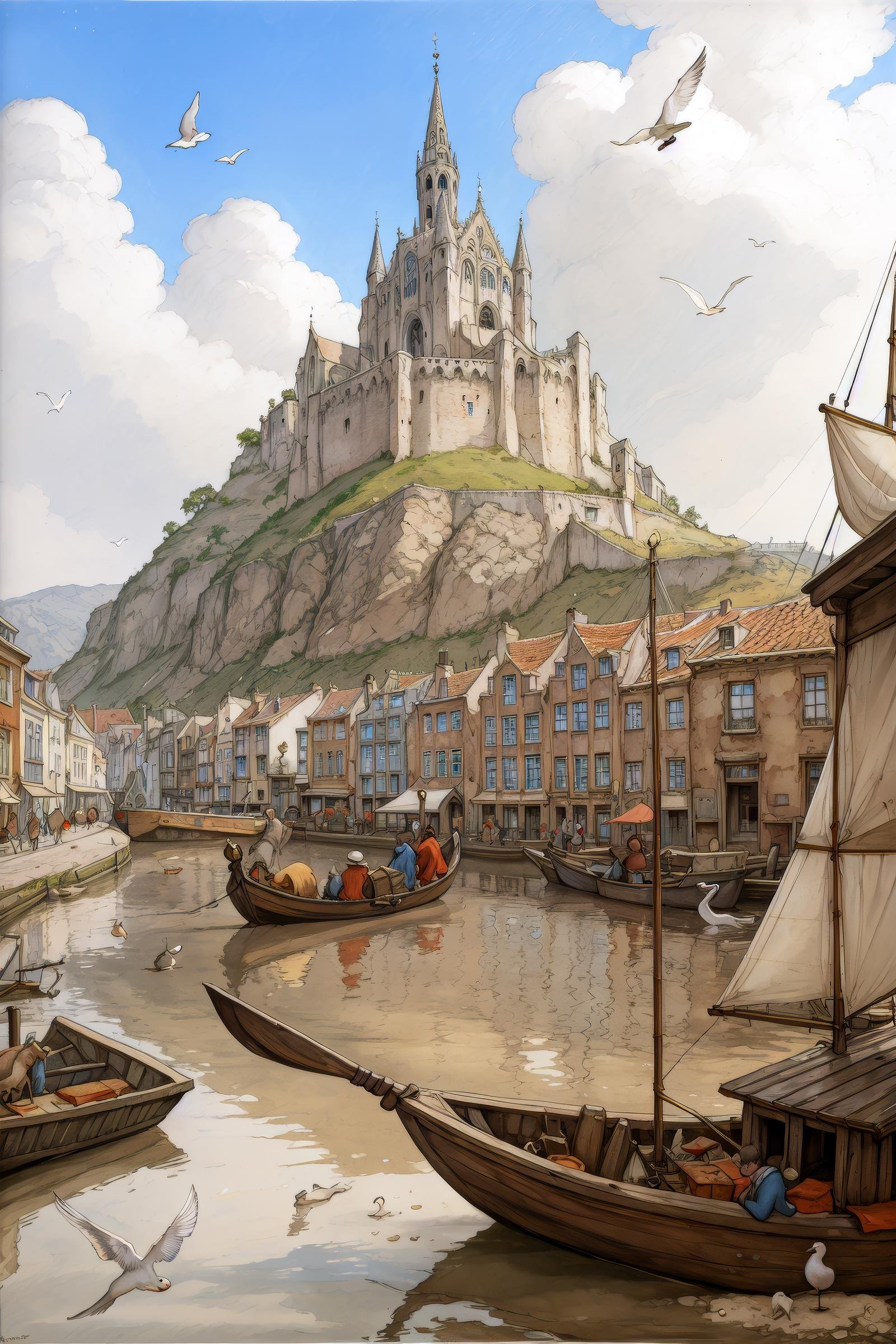 anton pieck style, horse, watercraft, multiple boys, bird, scenery, faux traditional media, boat, city, hat, original, water, photoshop (medium), painting (medium), town, fantasy, castle, cityscape, building, watermark, artist name, seagull, animal, tree, 2boys, ship <lora:SD15_Anton_Pieck_Style_V2:1>